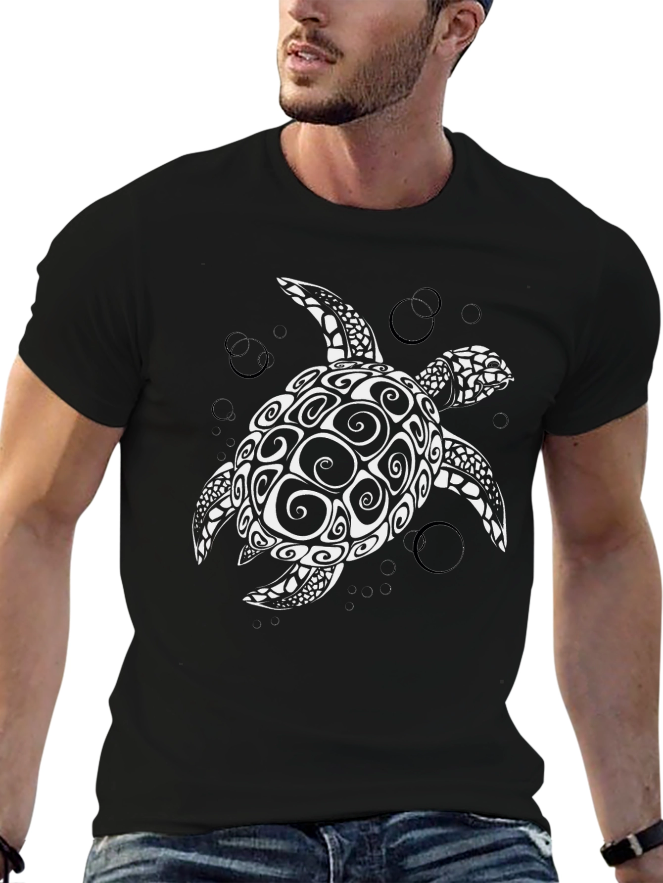 Sea Turtle Graphic Tee - Black Cotton T-Shirt