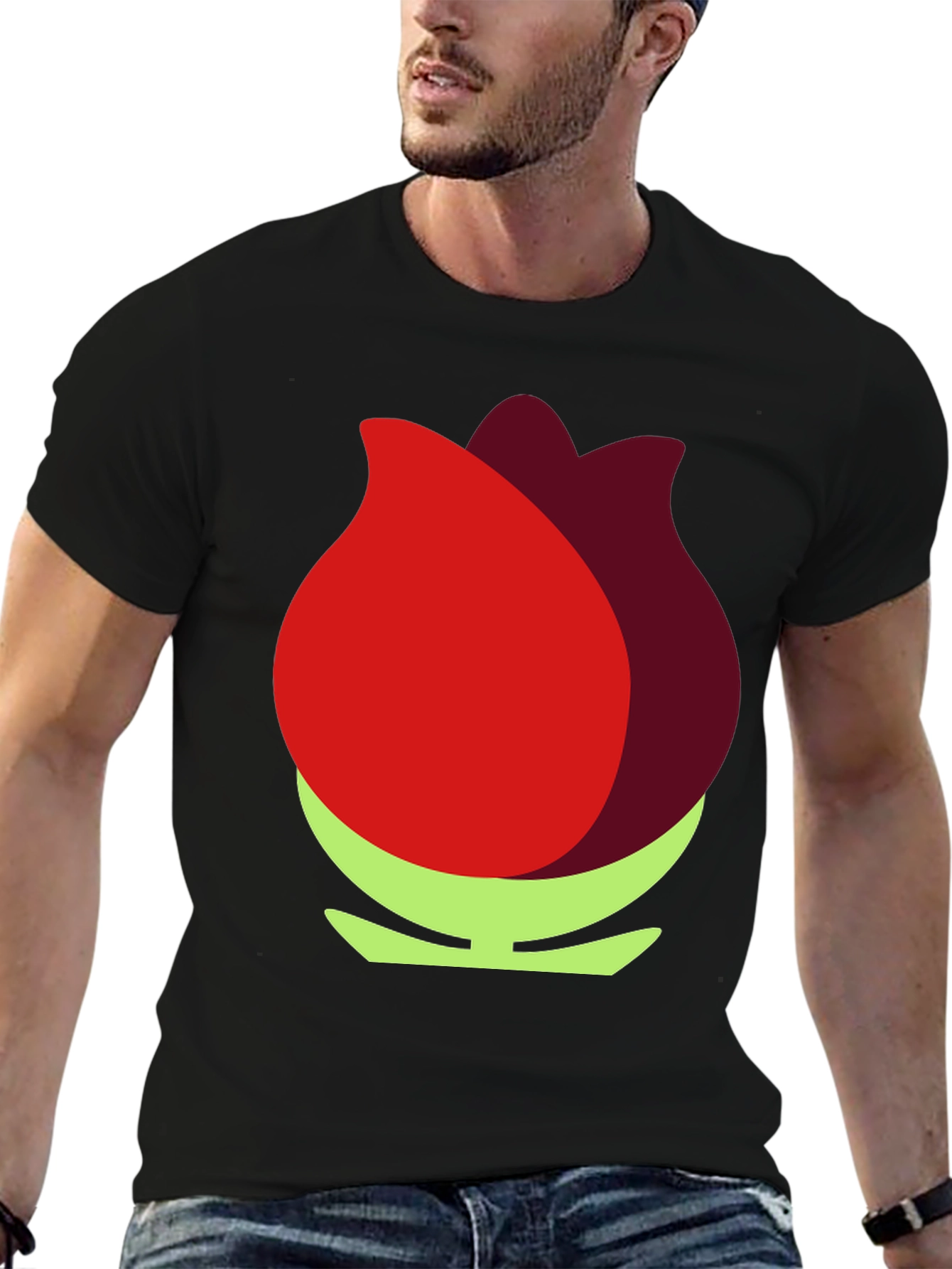 Red Flower Graphic Black T-Shirt