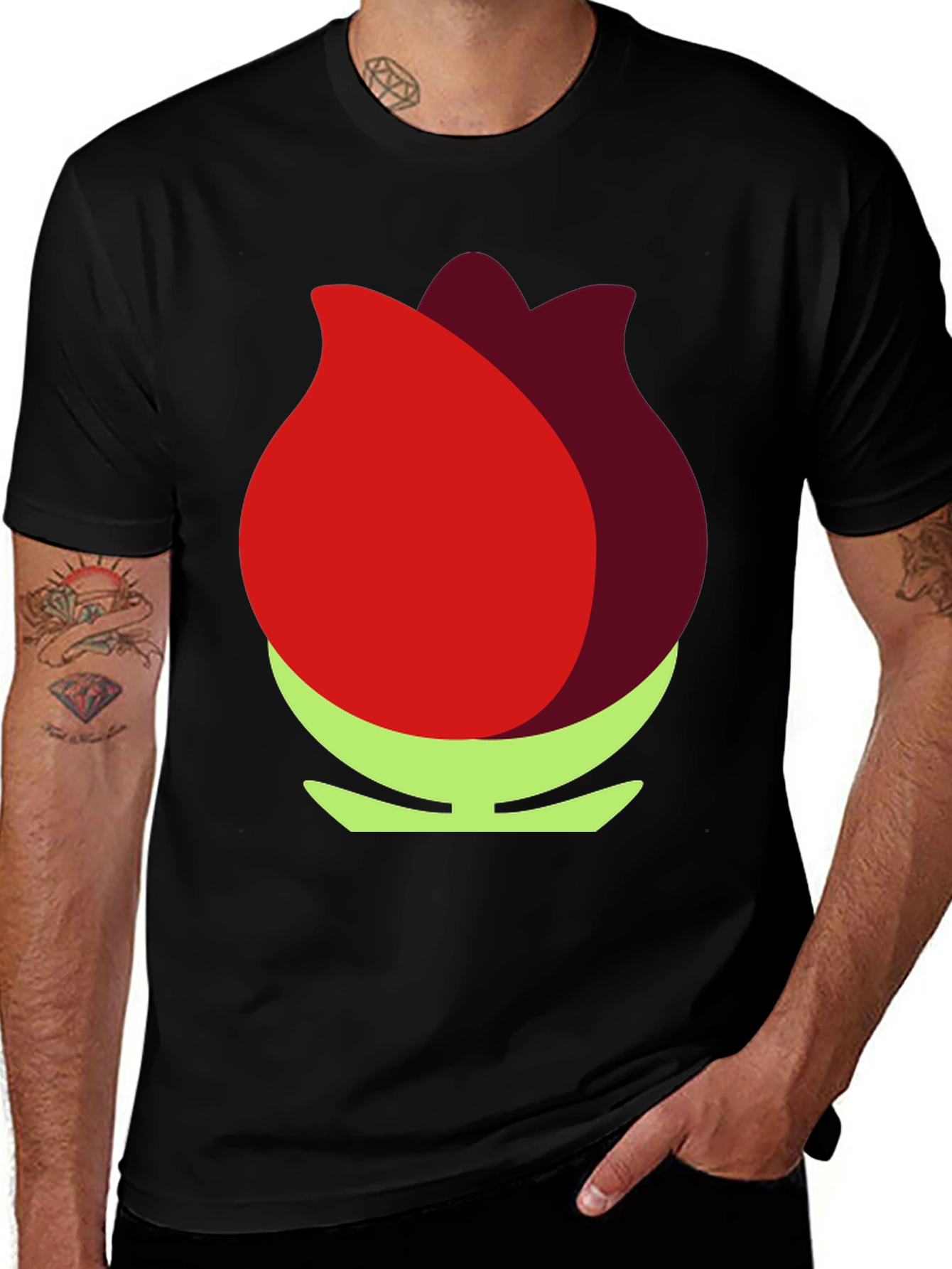 Red Flower Graphic Black T-Shirt
