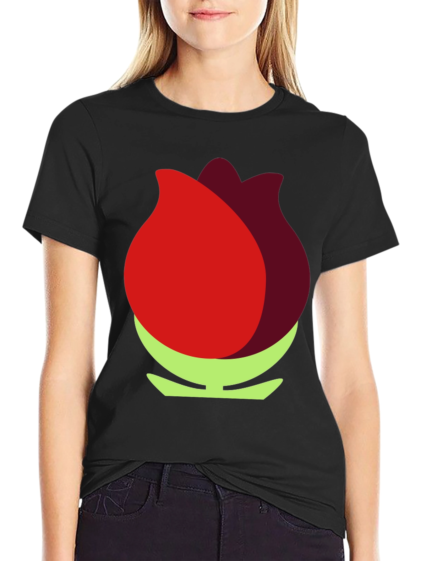 Red Flower Graphic Black T-Shirt