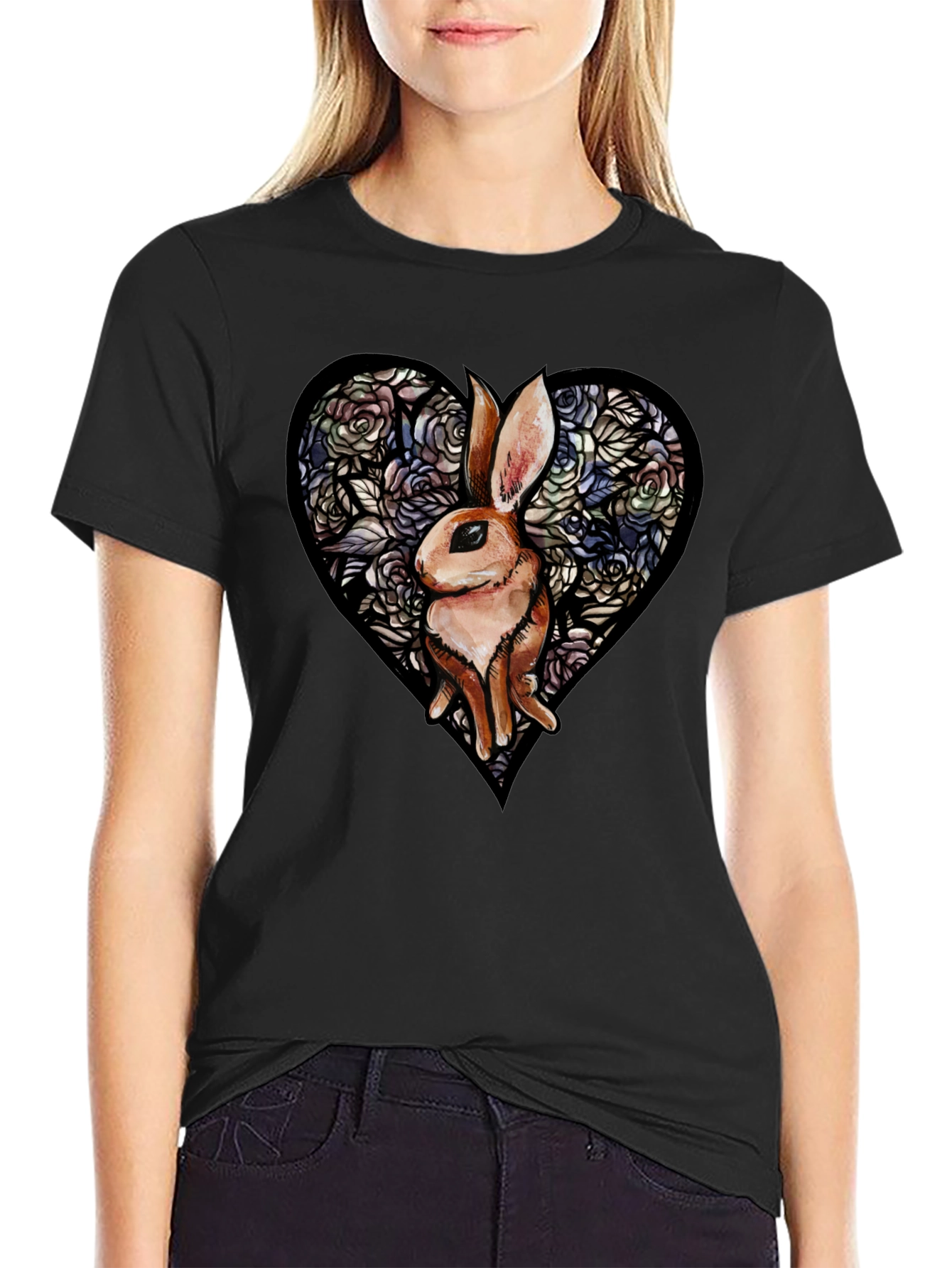 Rabbit Heart Graphic T-Shirt - Unique Floral Design