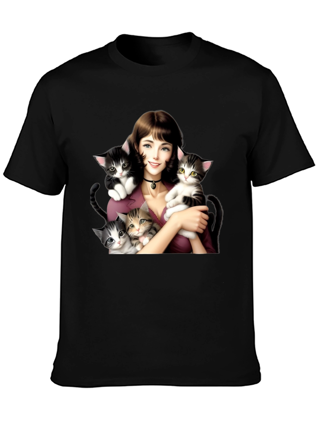 Cute Kitten Lady Black T-Shirt