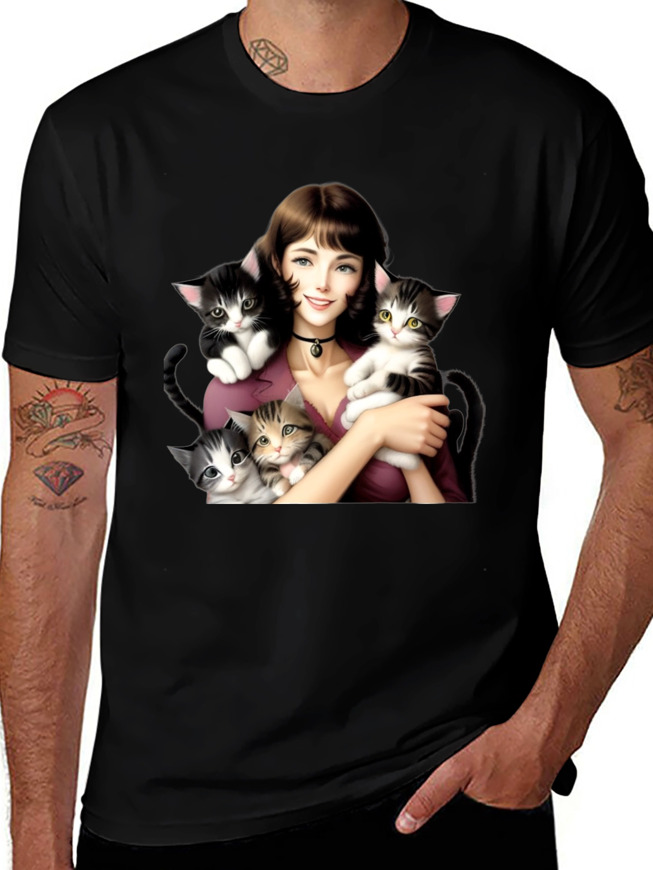 Cute Kitten Lady Black T-Shirt