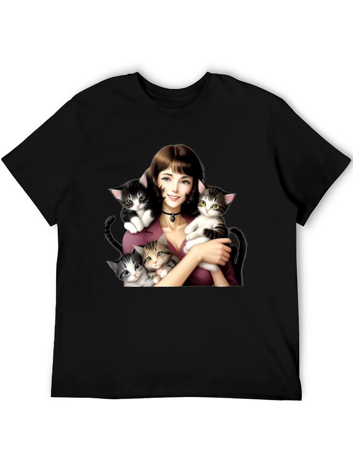 Cute Kitten Lady Black T-Shirt