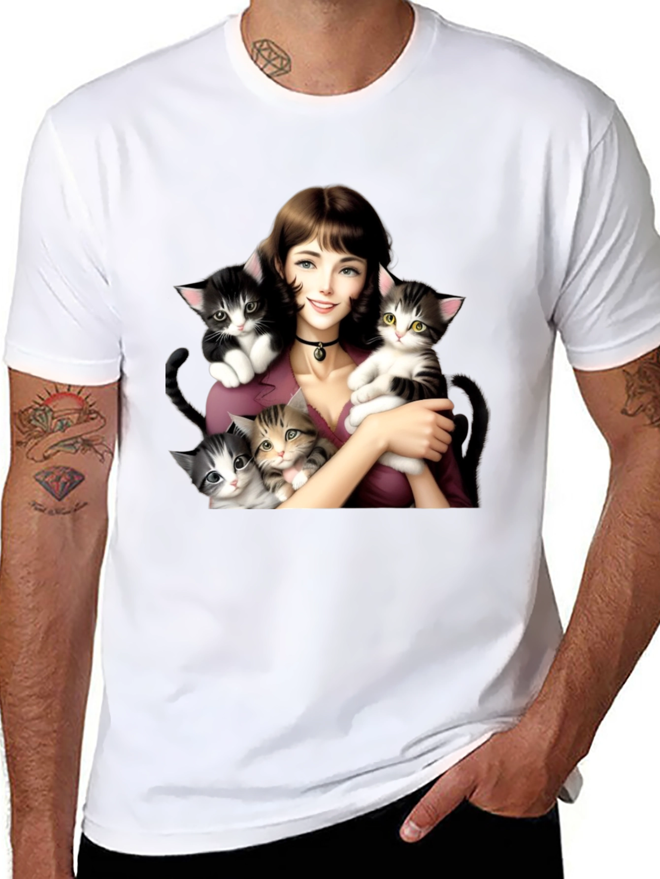 Cute Kitten Lady Black T-Shirt
