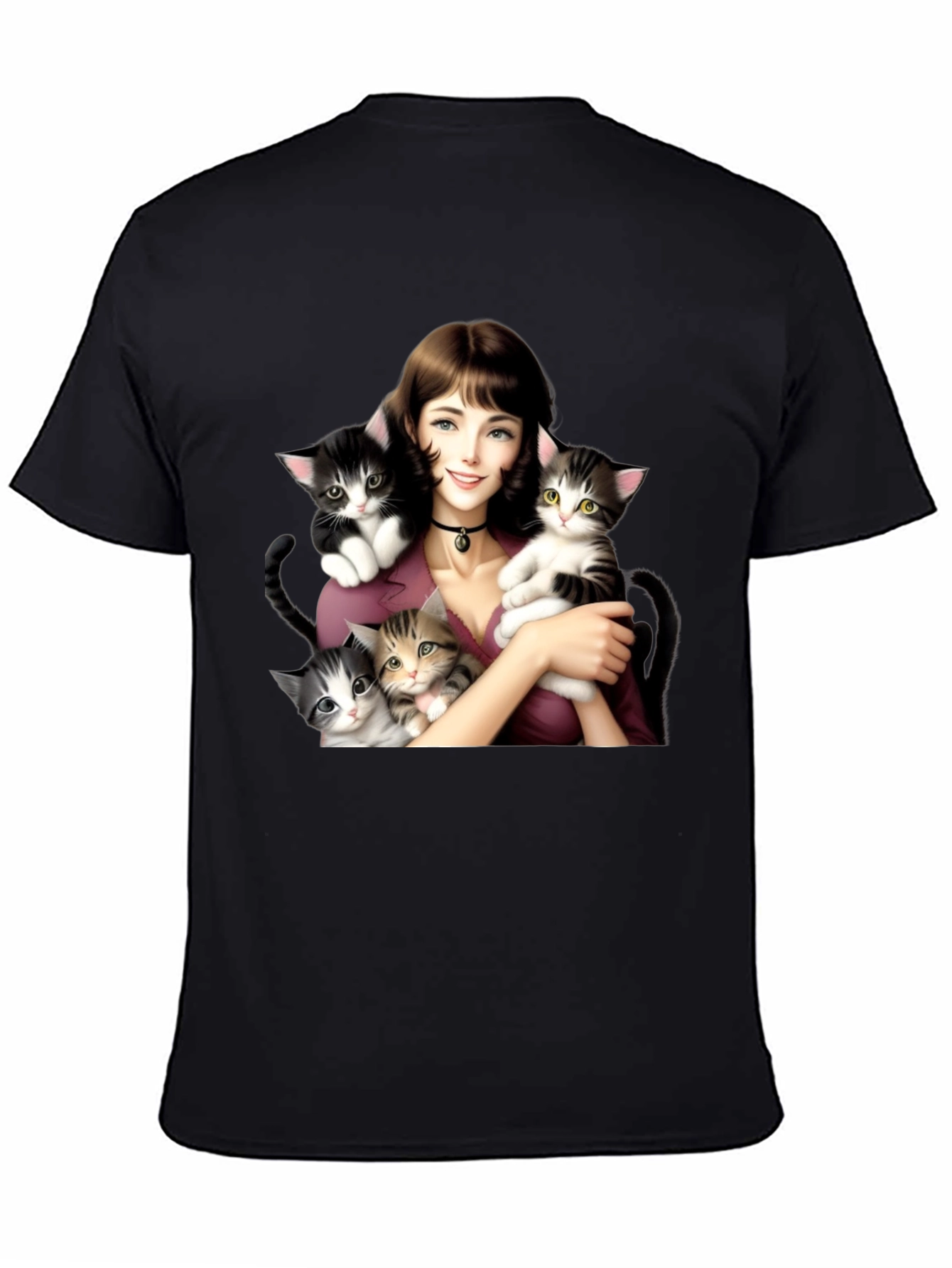 Cute Kitten Lady Black T-Shirt
