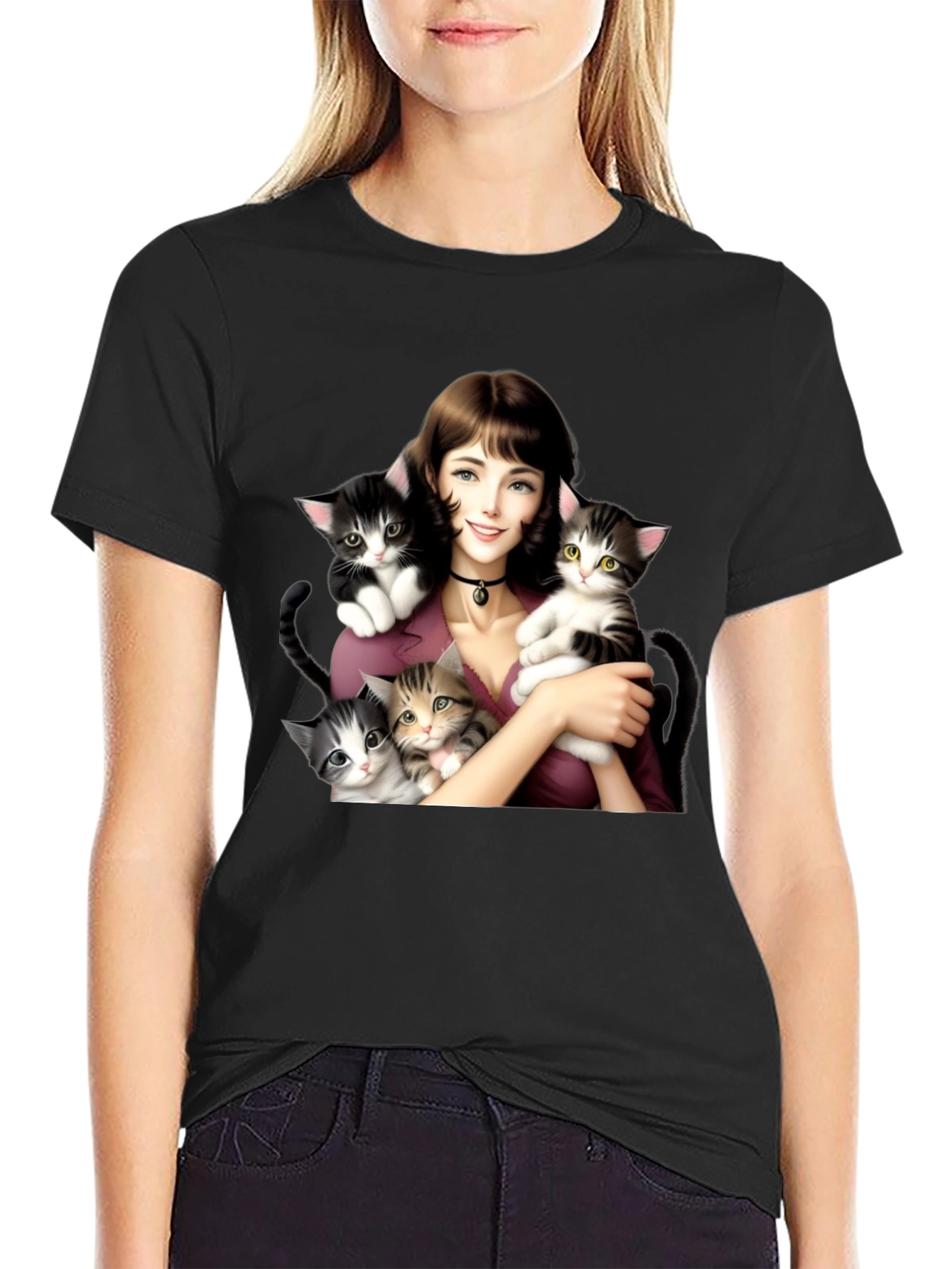 Cute Kitten Lady Black T-Shirt