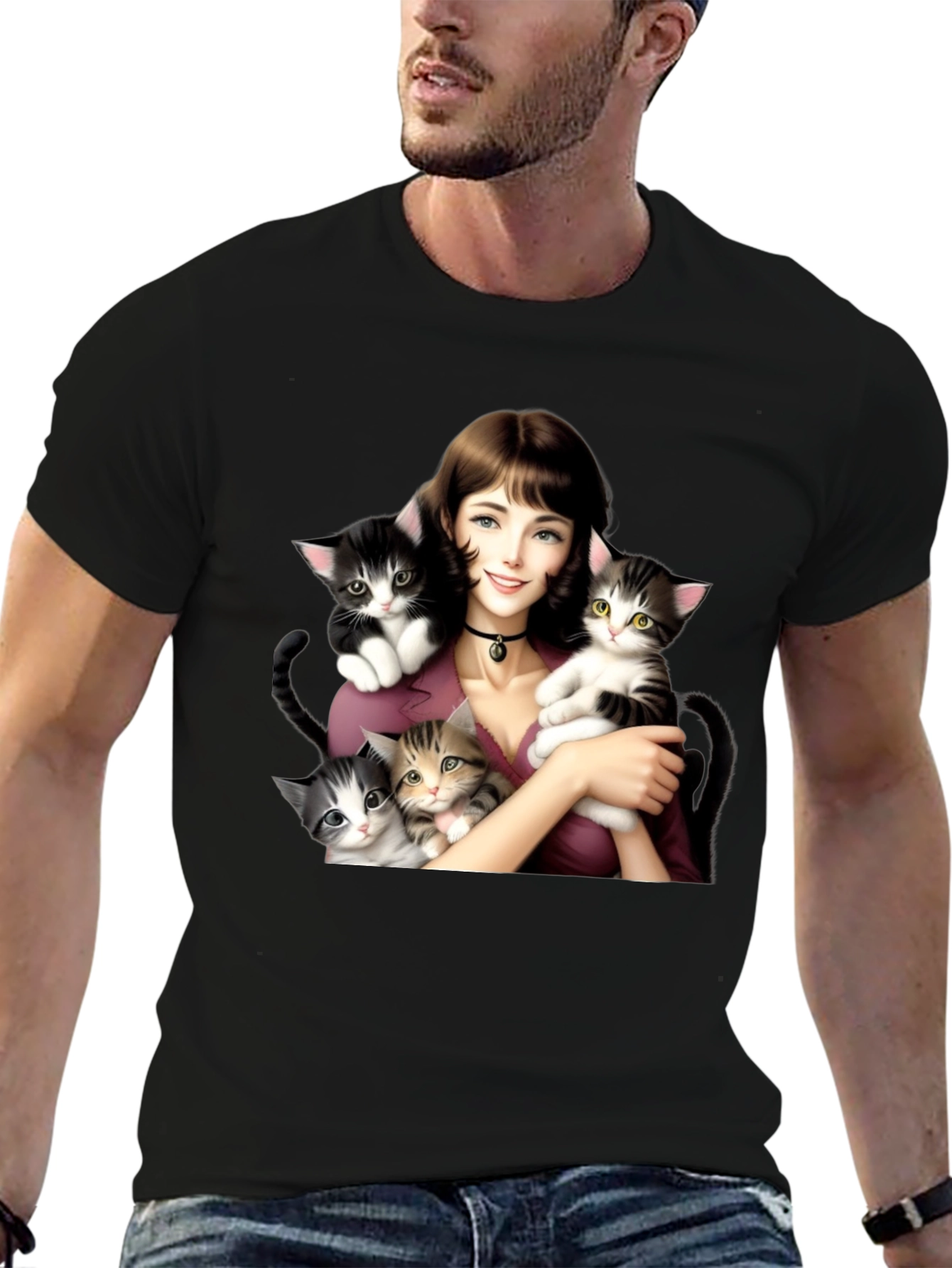 Cute Kitten Lady Black T-Shirt