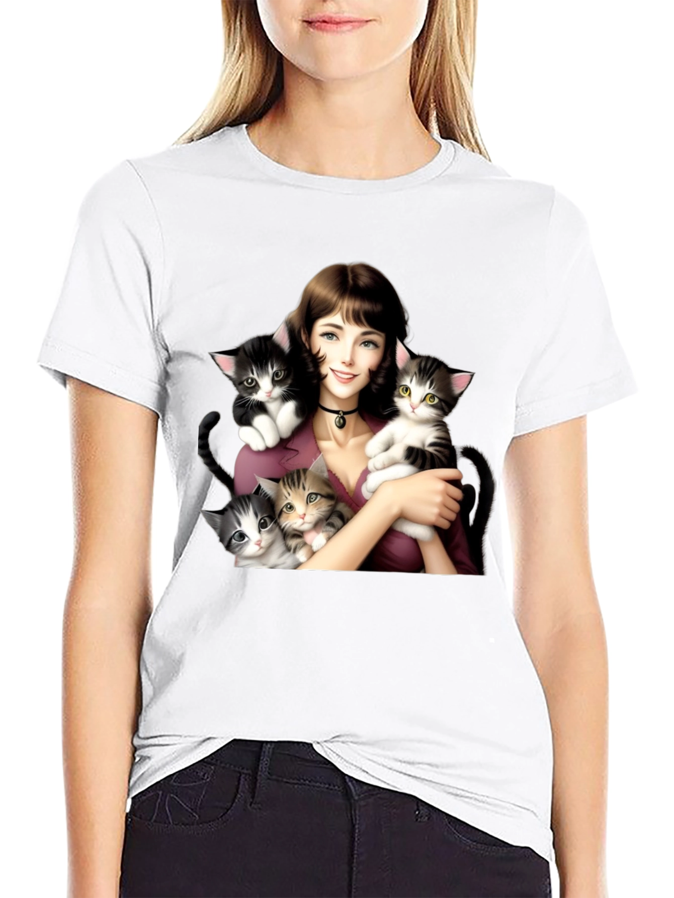 Cute Kitten Lady Black T-Shirt
