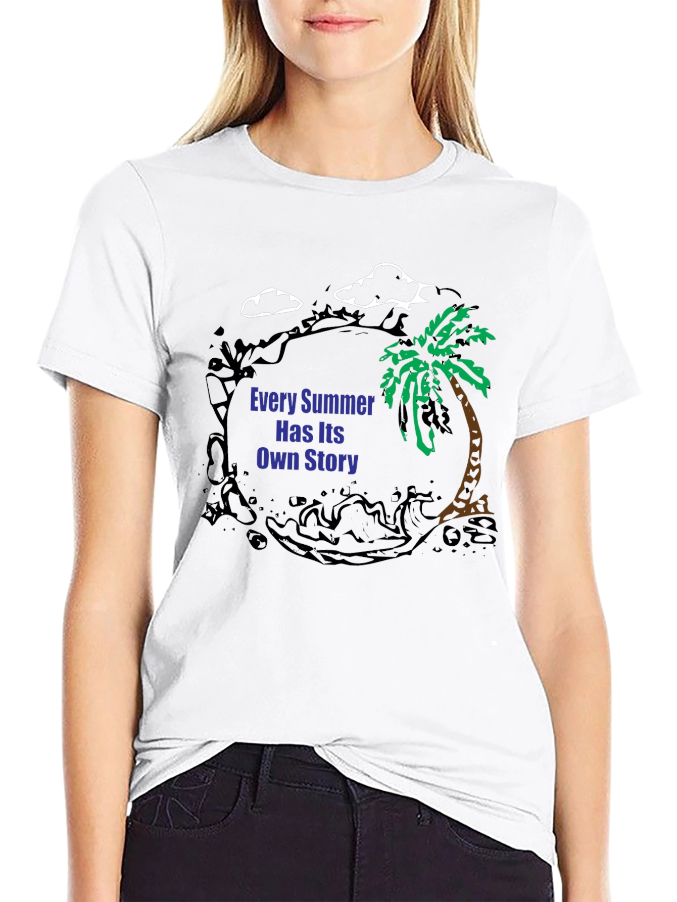 Summer Story Black T-Shirt: Palm Tree Design