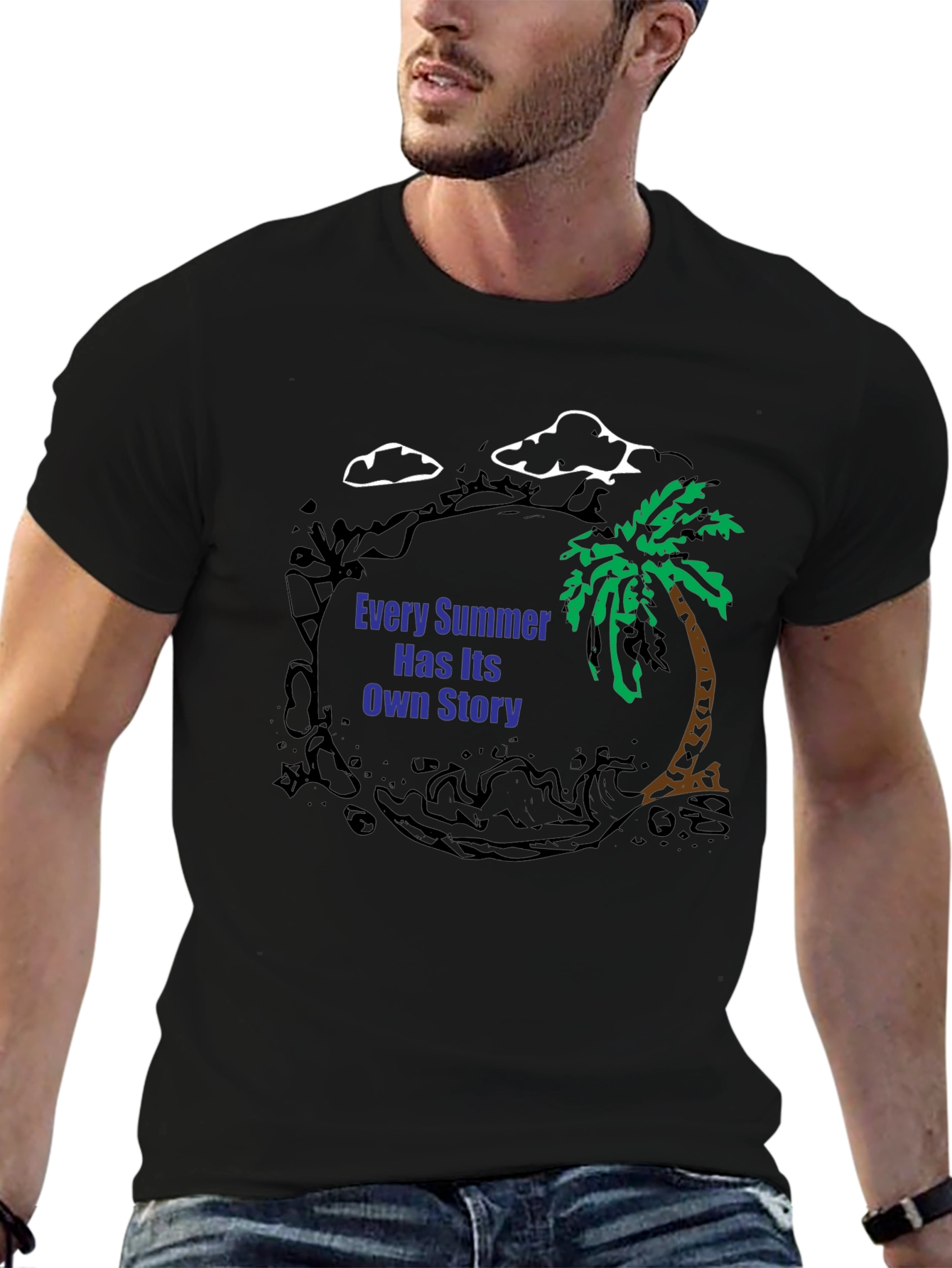 Summer Story Black T-Shirt: Palm Tree Design