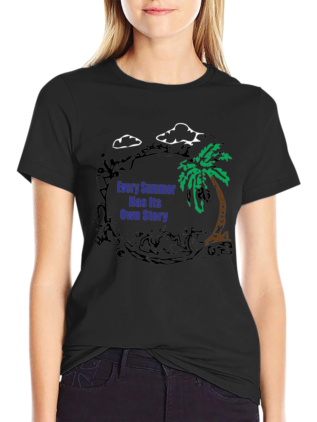 Summer Story Black T-Shirt: Palm Tree Design