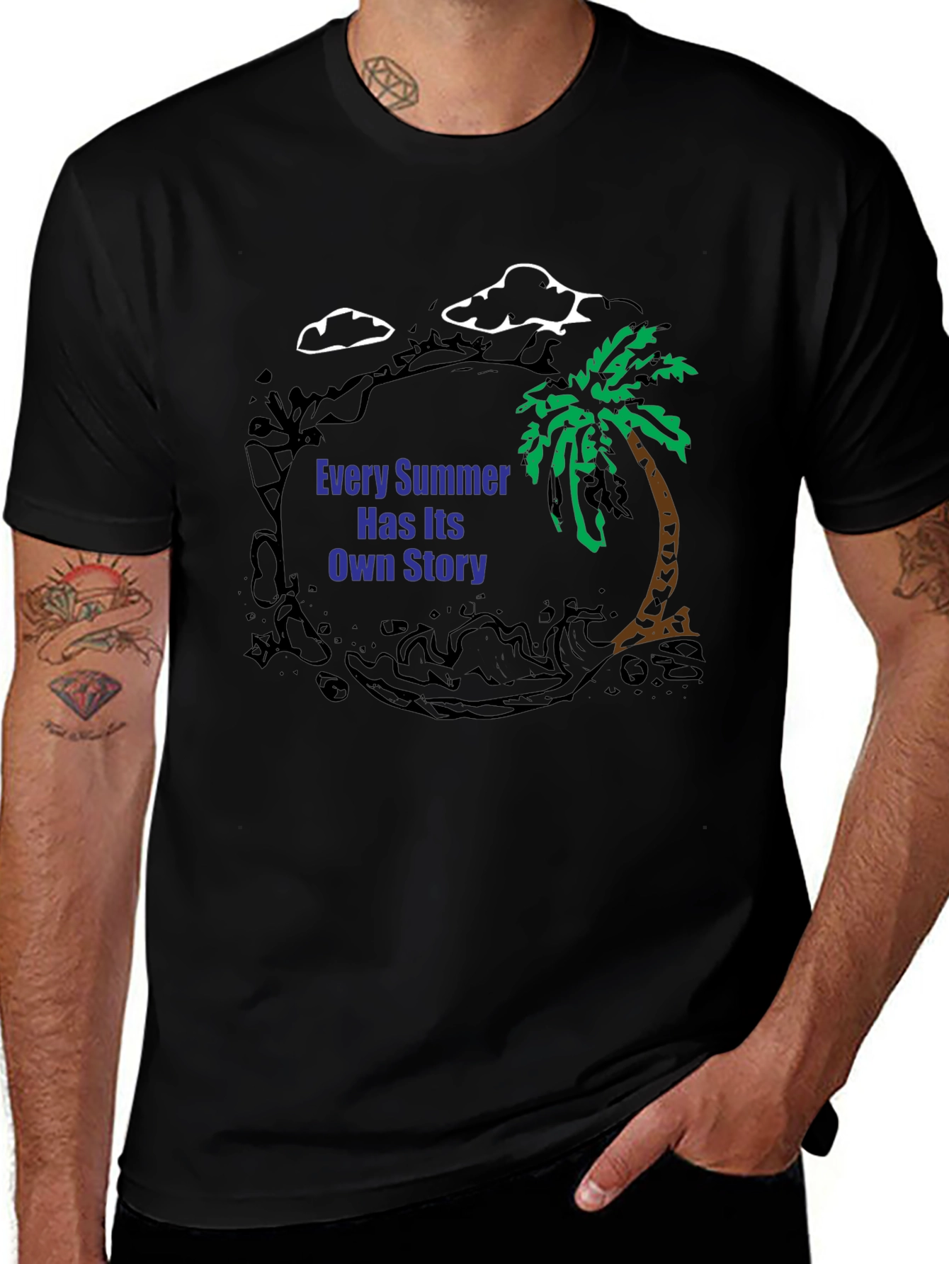 Summer Story Black T-Shirt: Palm Tree Design