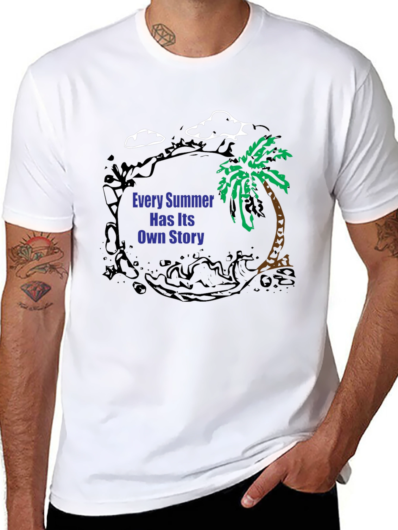 Summer Story Black T-Shirt: Palm Tree Design