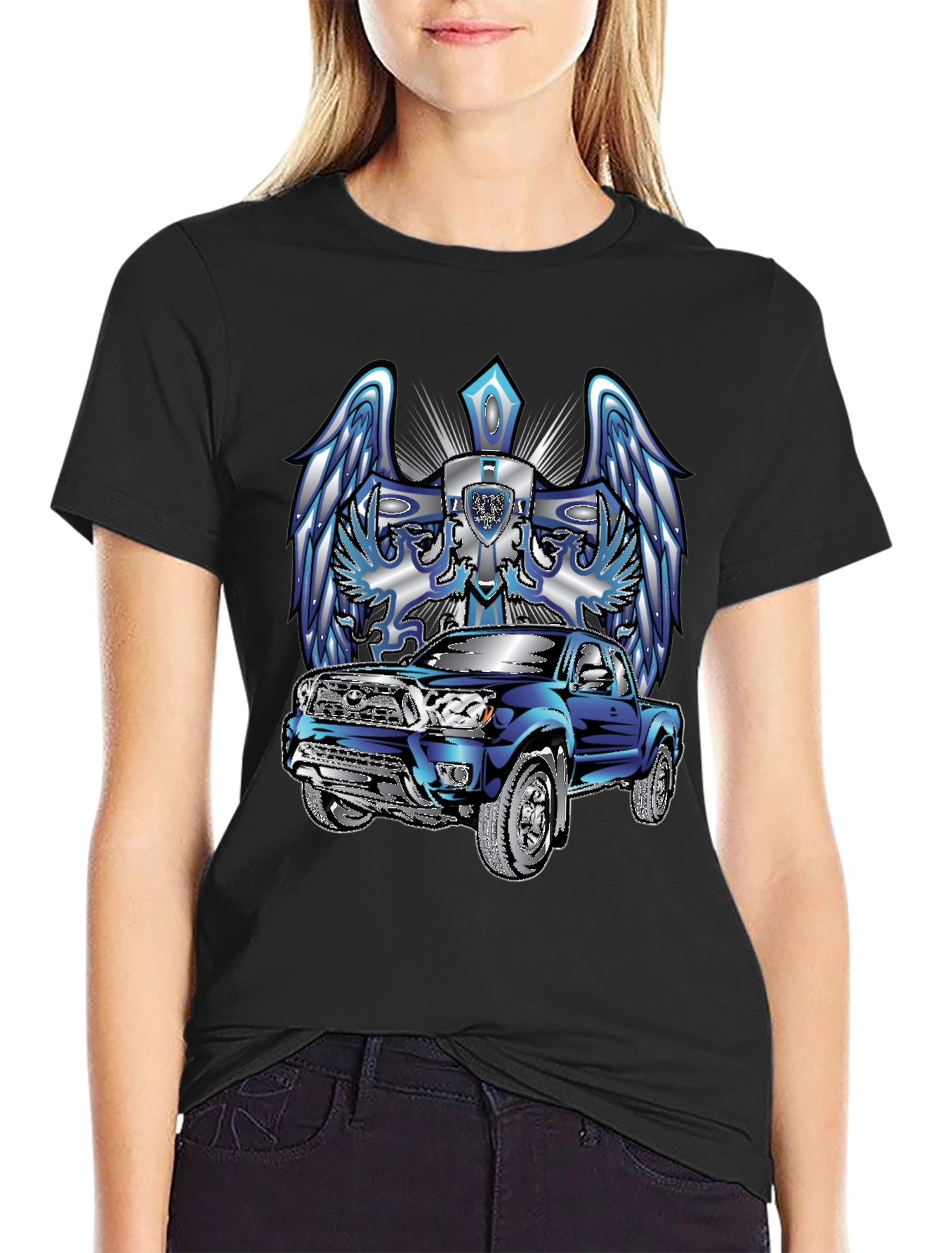 Truck and Angel Wing Graphic Tee - Black