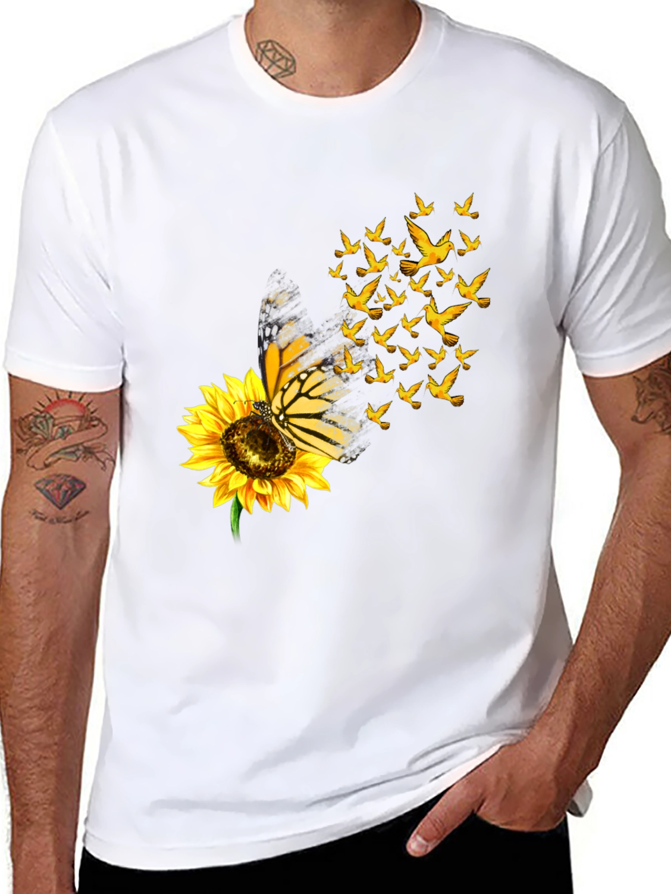 Butterfly Sunflower Bird Graphic Black T-Shirt