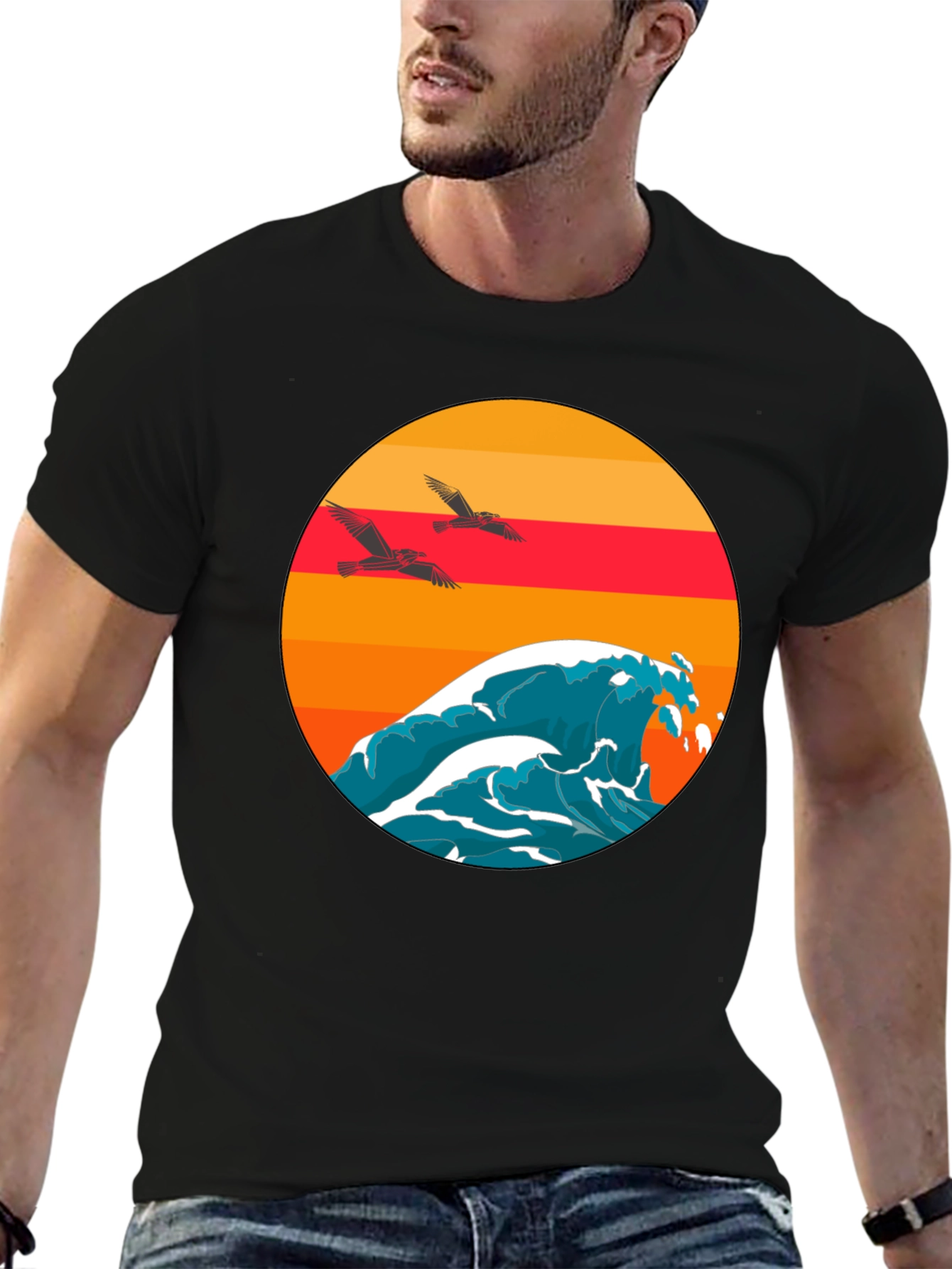Sunset Wave Graphic Tee - Black Cotton Comfort