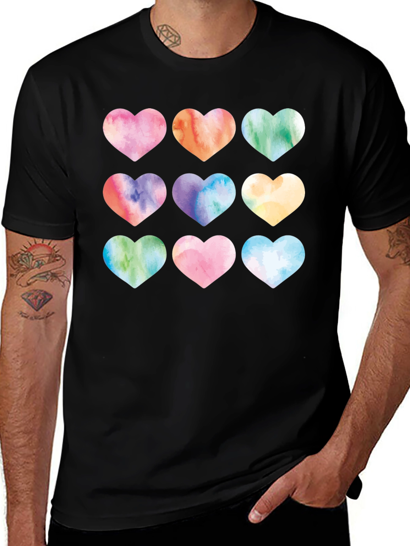 Watercolor Hearts Black T-Shirt