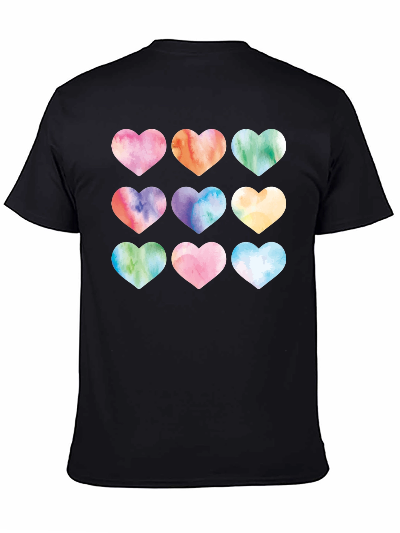 Watercolor Hearts Black T-Shirt