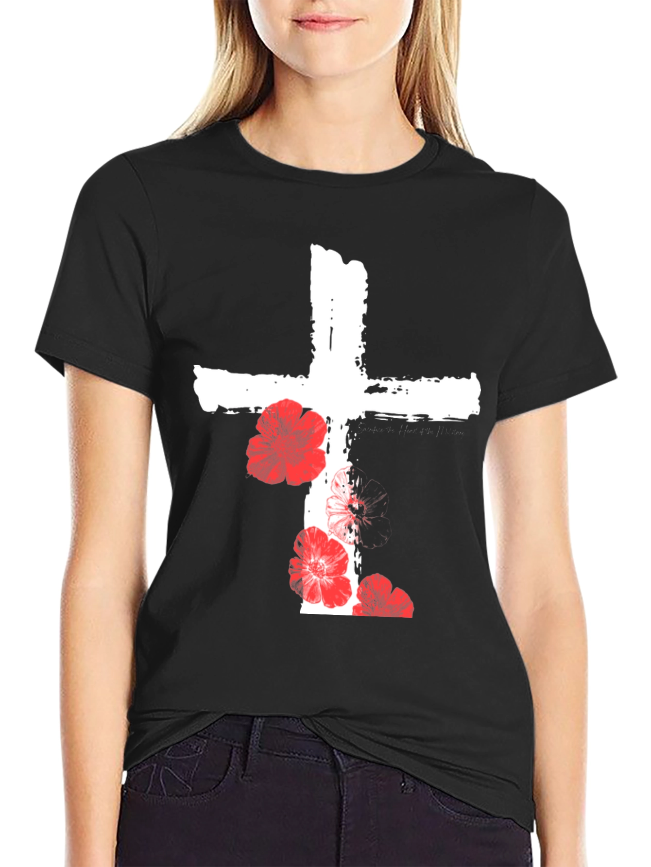Floral Cross Graphic T-Shirt - Black