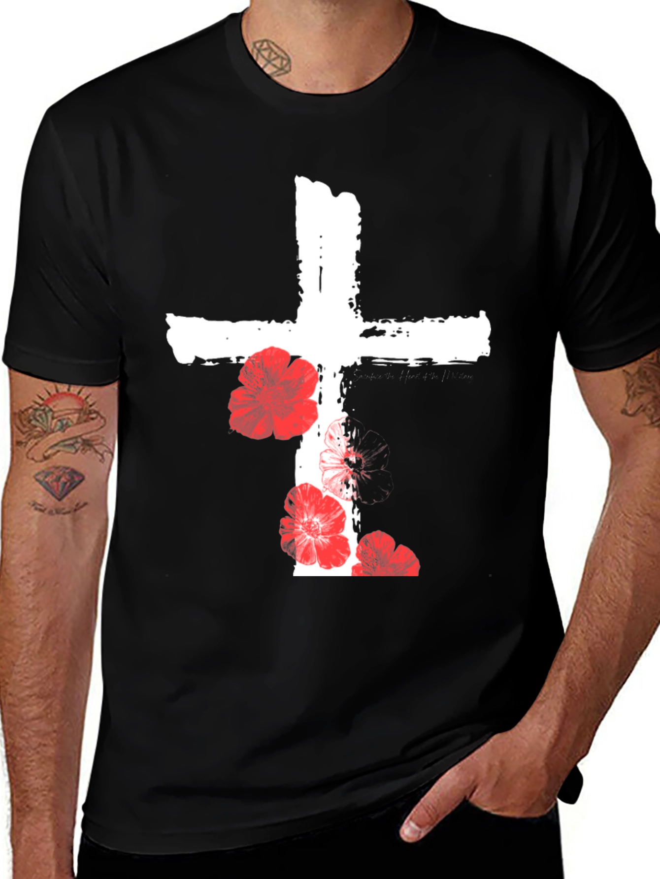 Floral Cross Graphic T-Shirt - Black