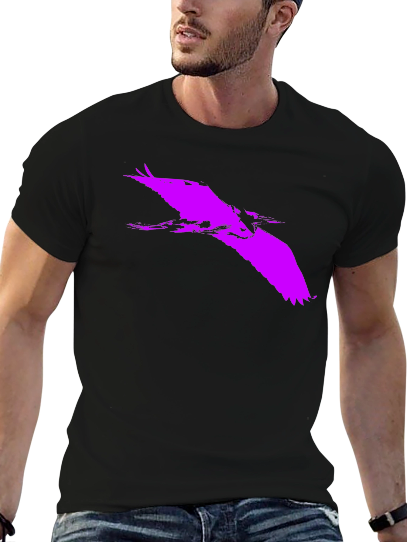 Bold Purple Heron Silhouette on Black Tee