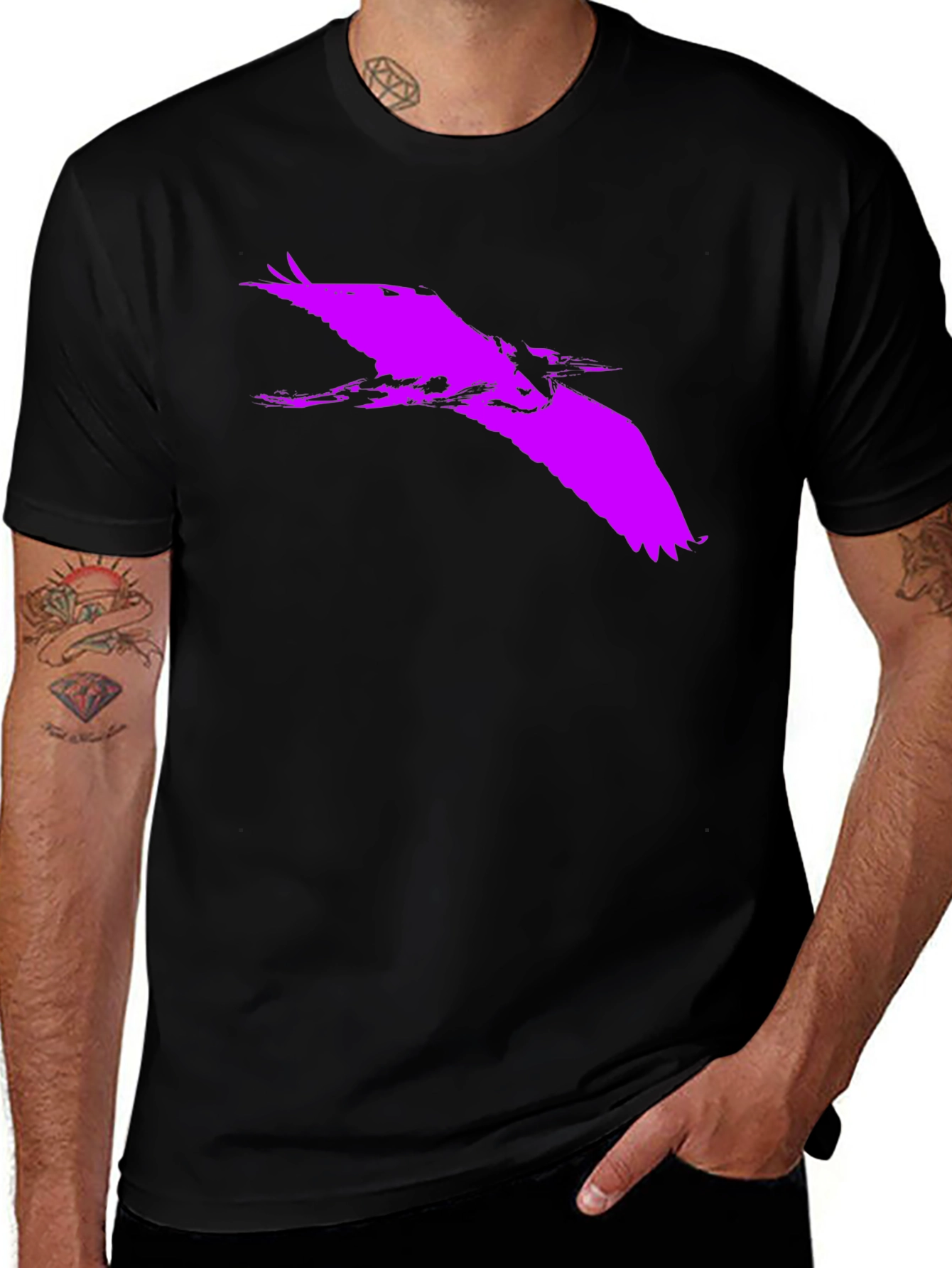 Bold Purple Heron Silhouette on Black Tee