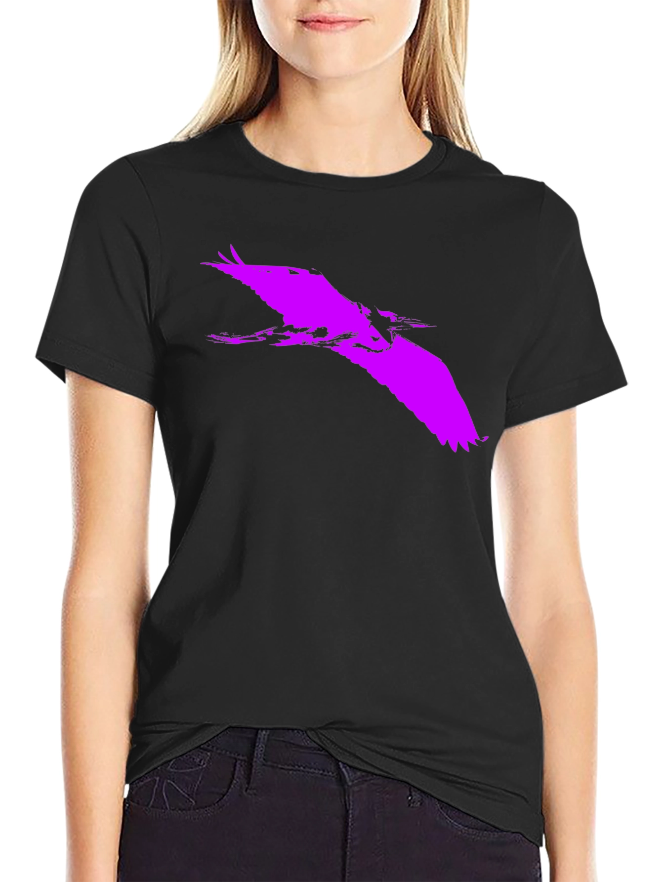 Bold Purple Heron Silhouette on Black Tee
