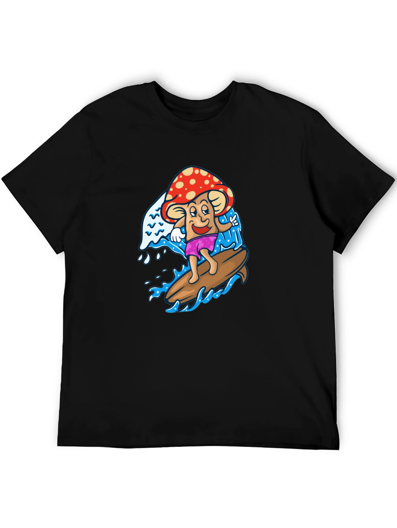 Surfing Mushroom Graphic Tee - Cool Black T-Shirt