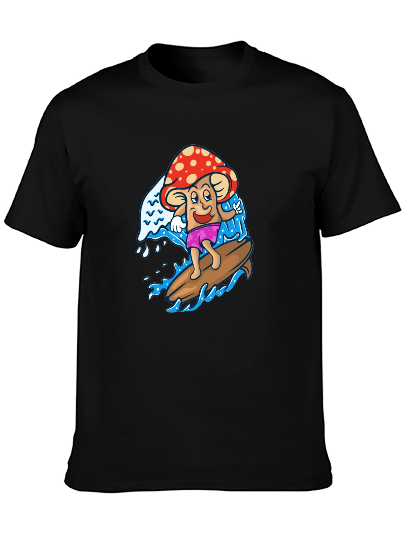 Surfing Mushroom Graphic Tee - Cool Black T-Shirt