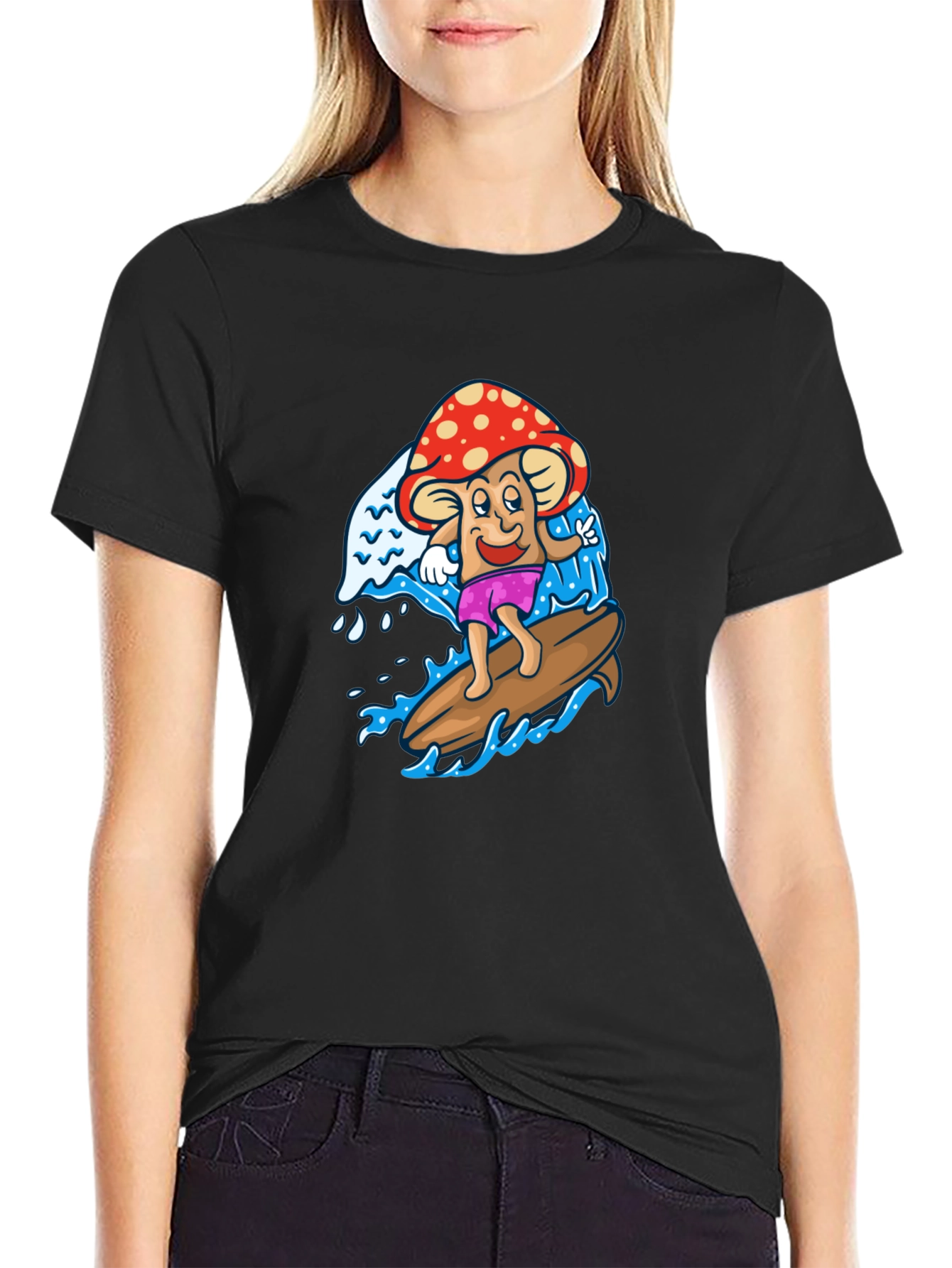 Surfing Mushroom Graphic Tee - Cool Black T-Shirt