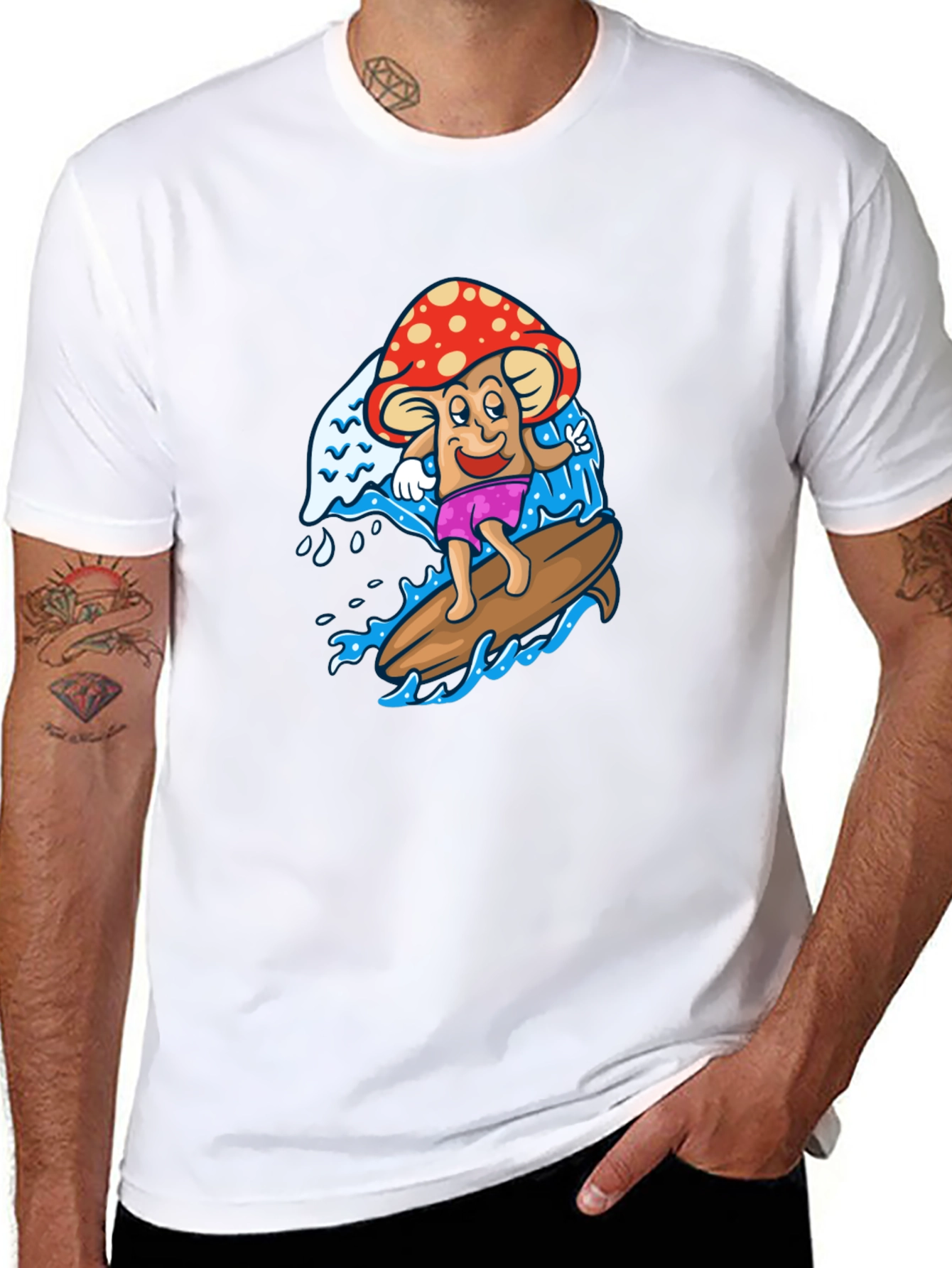 Surfing Mushroom Graphic Tee - Cool Black T-Shirt