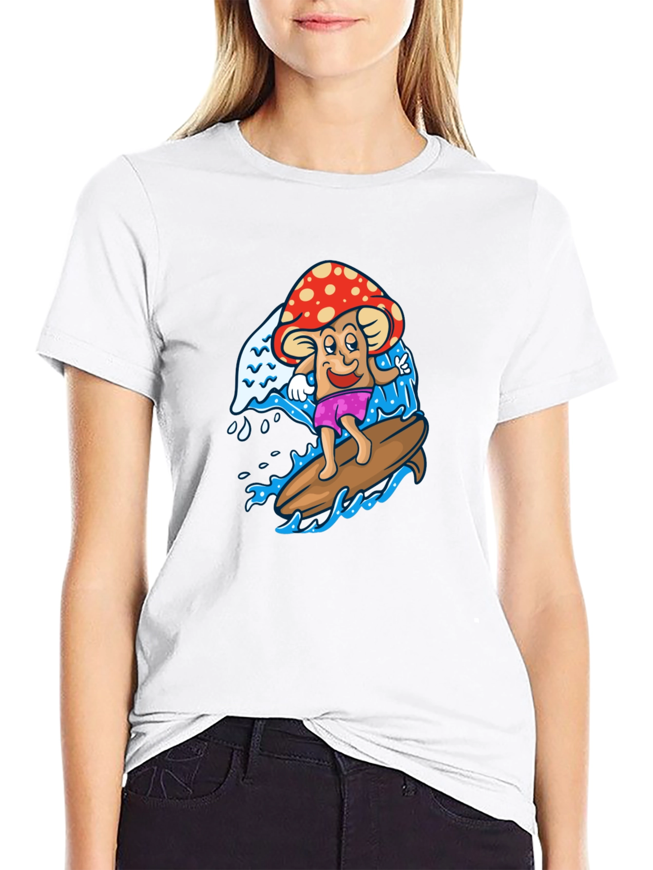 Surfing Mushroom Graphic Tee - Cool Black T-Shirt