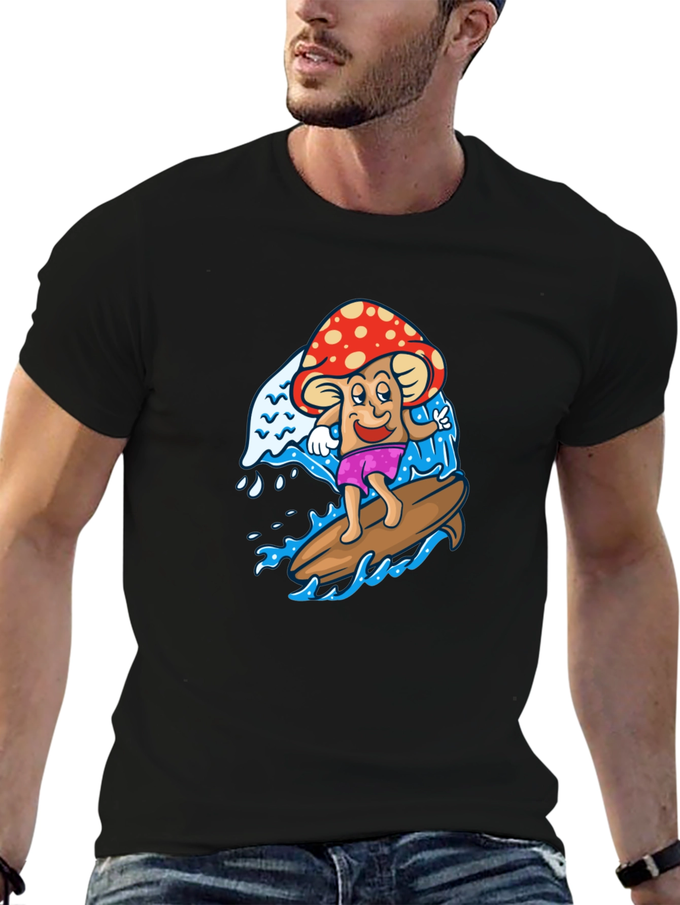 Surfing Mushroom Graphic Tee - Cool Black T-Shirt