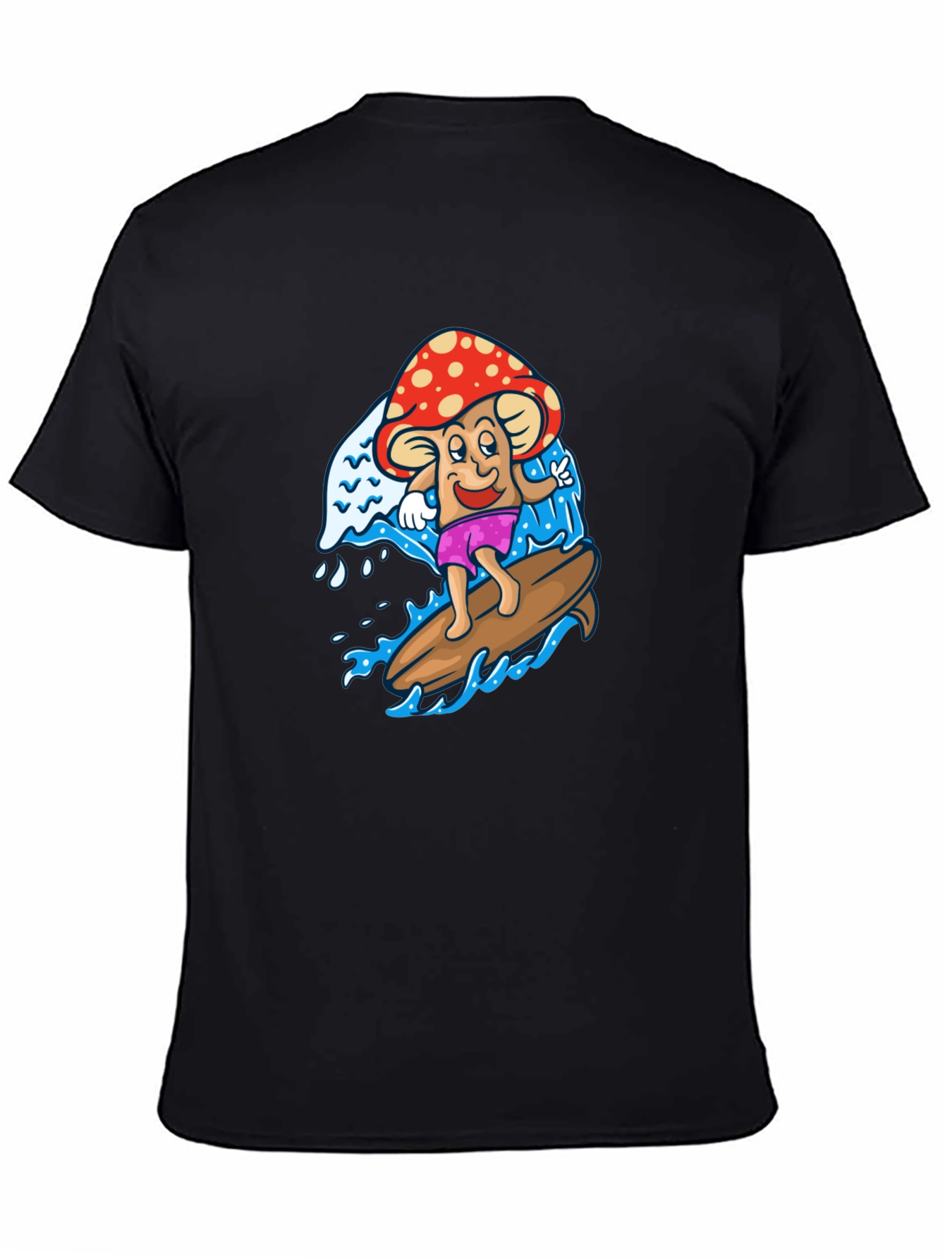 Surfing Mushroom Graphic Tee - Cool Black T-Shirt
