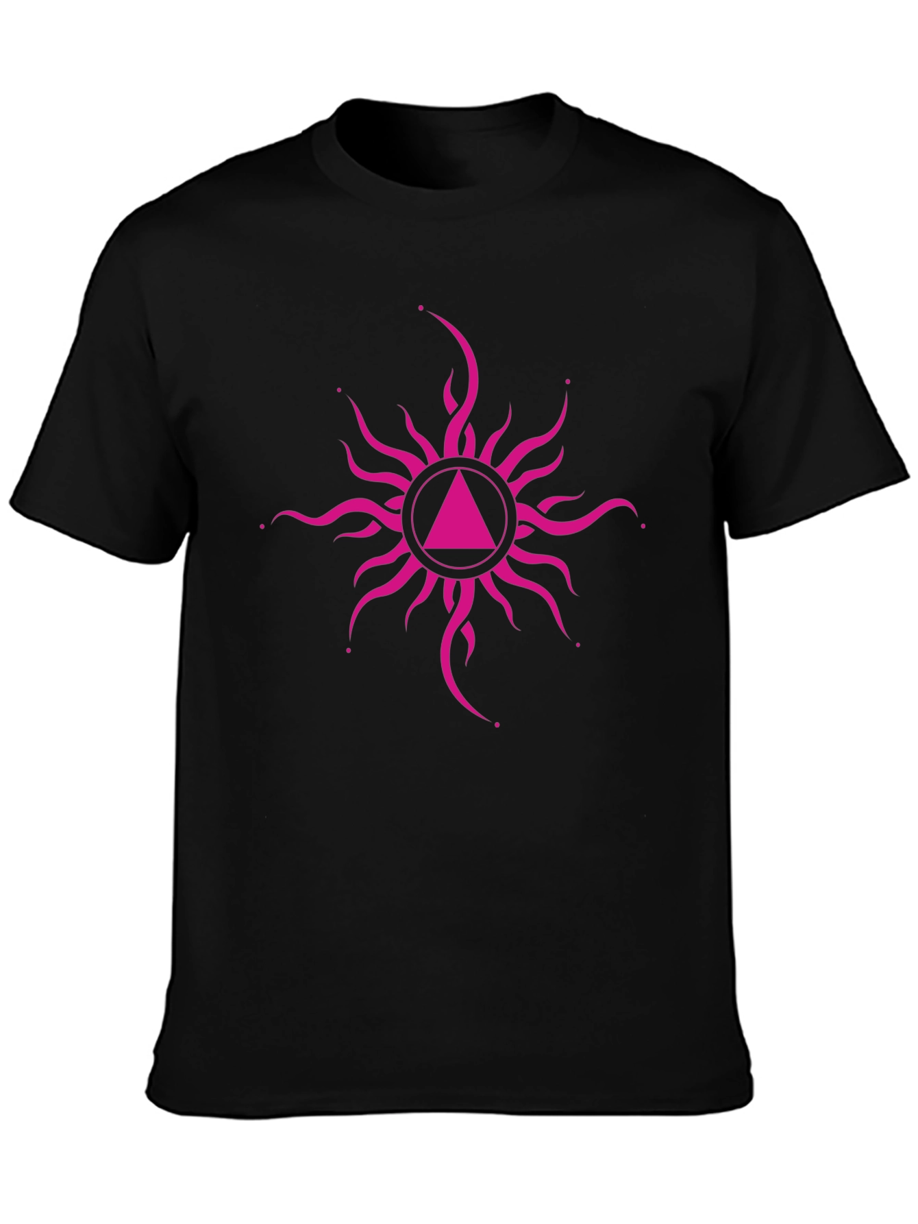 Black T-Shirt with Pink Geometric Sunburst Design