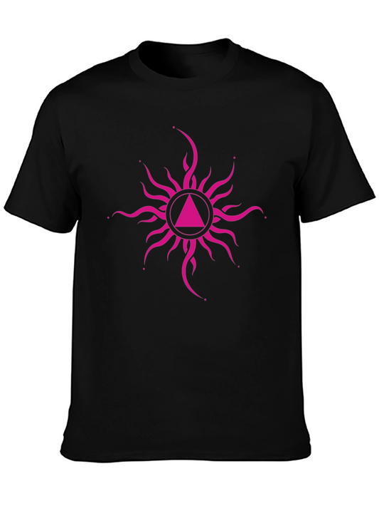 Black T-Shirt with Pink Geometric Sunburst Design