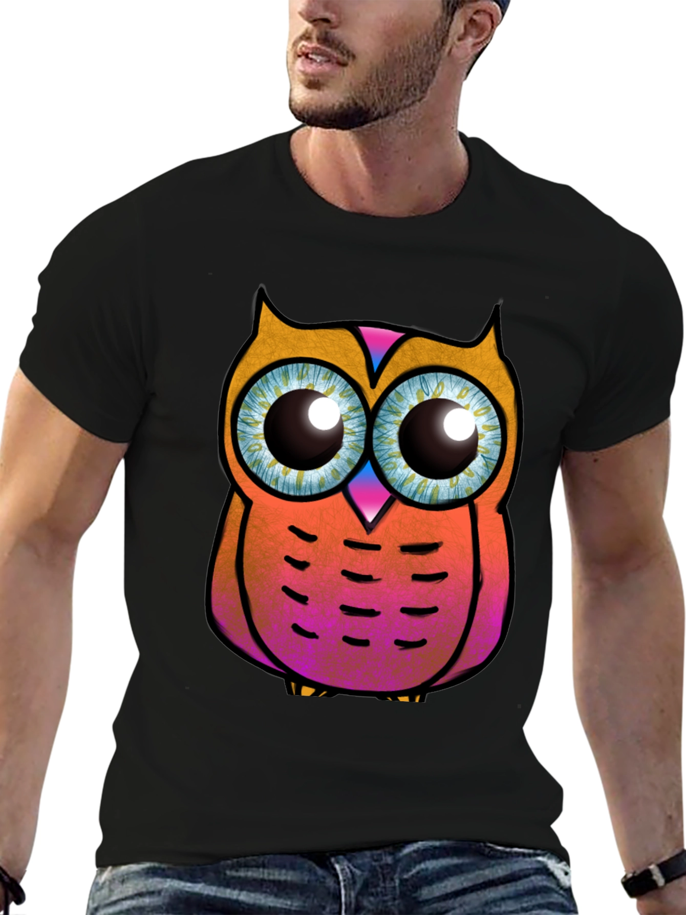 Funky Owl Graphic Tee - Black Cotton T-Shirt