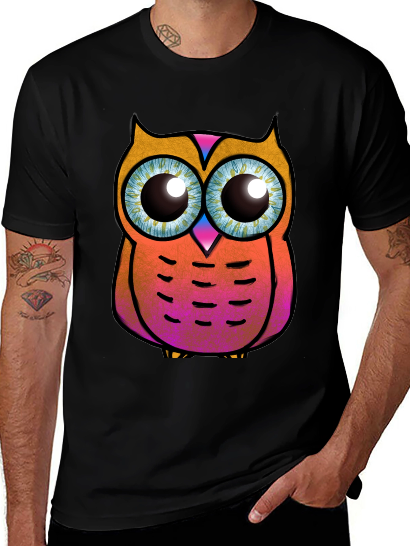 Funky Owl Graphic Tee - Black Cotton T-Shirt