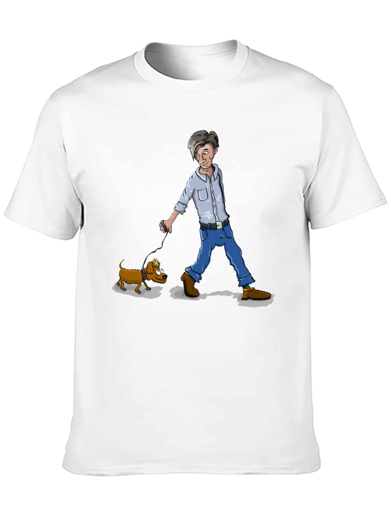 Cartoon Man Walking Dog Graphic T-Shirt