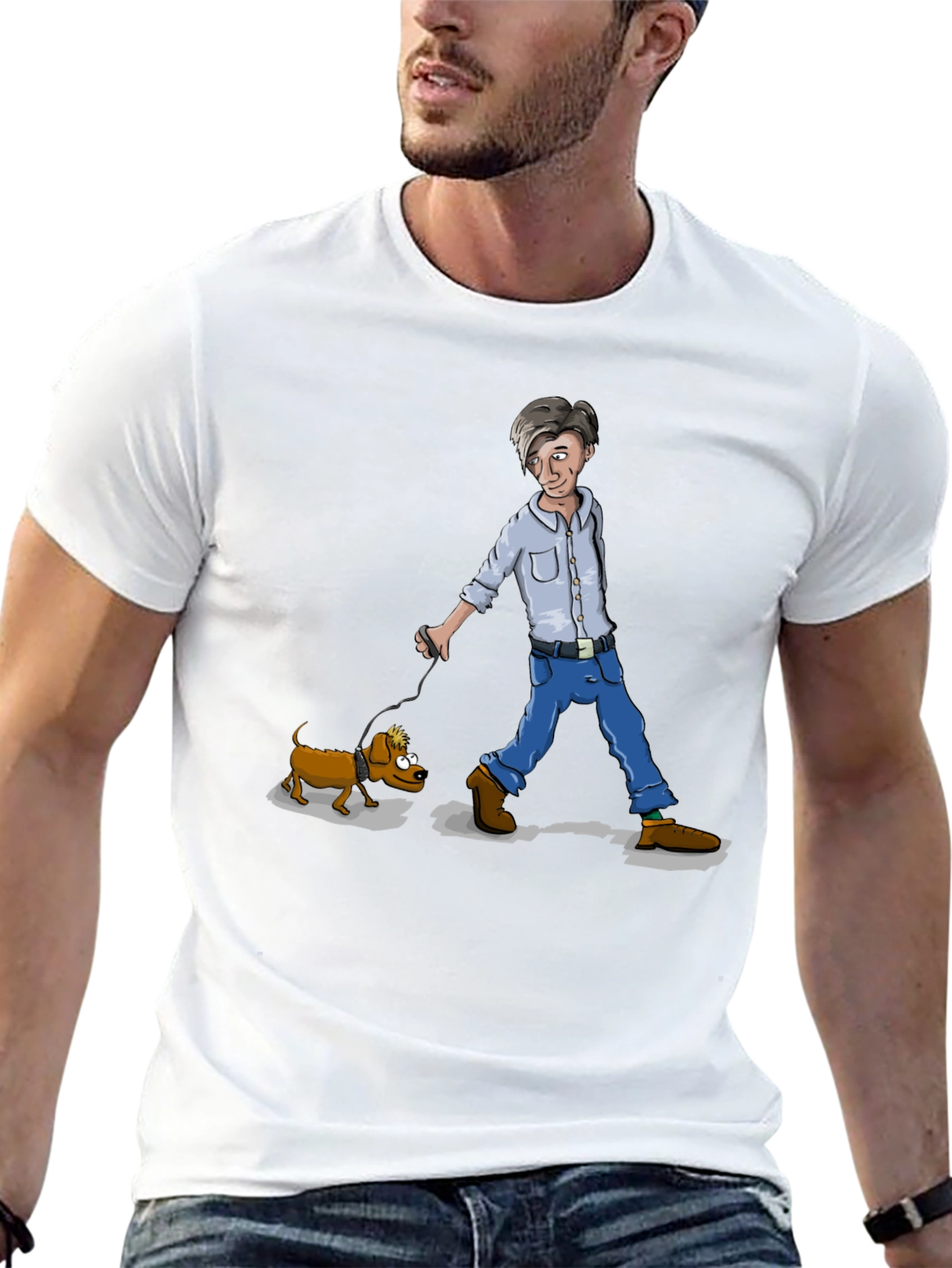 Cartoon Man Walking Dog Graphic T-Shirt