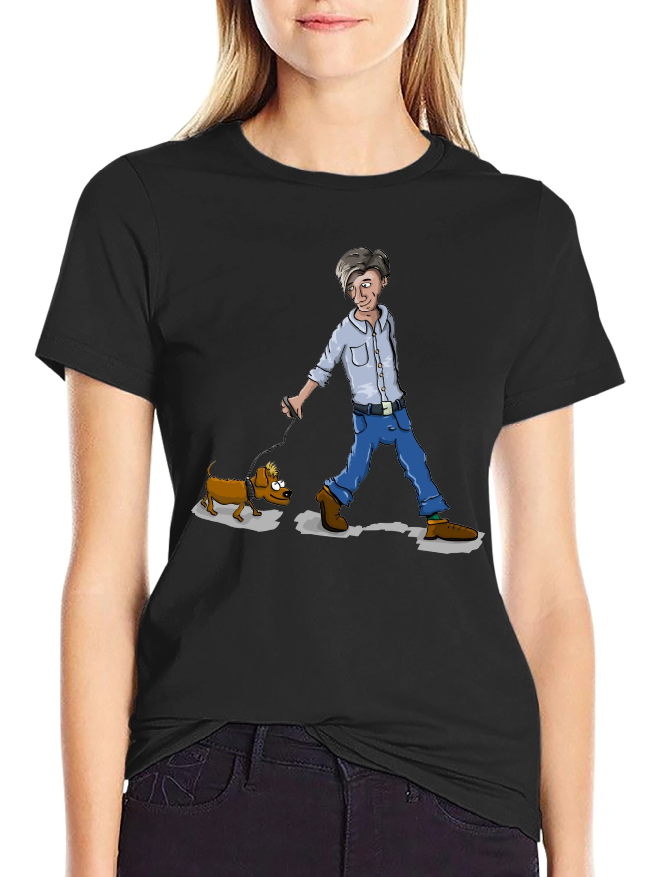 Cartoon Man Walking Dog Graphic T-Shirt