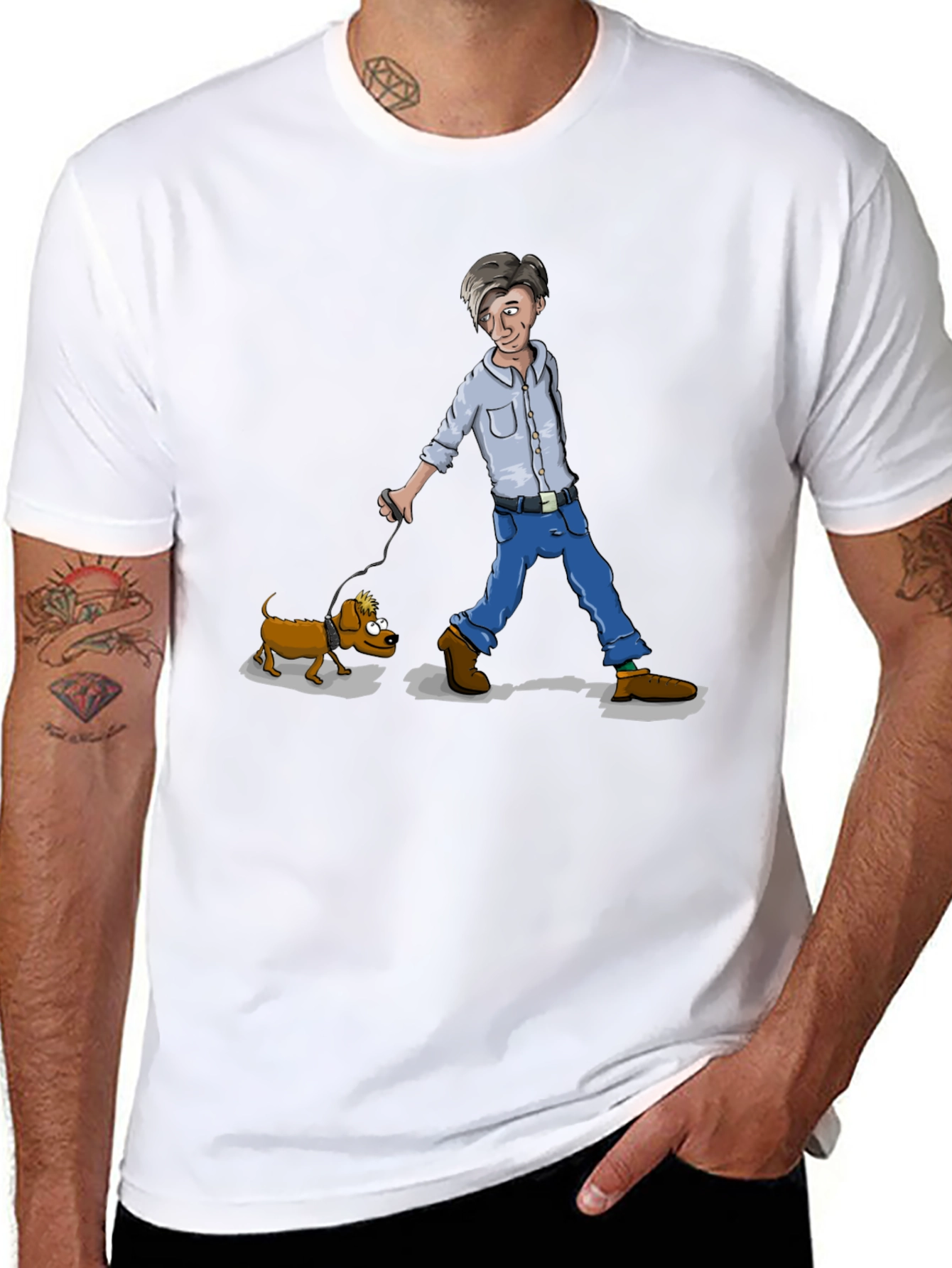 Cartoon Man Walking Dog Graphic T-Shirt