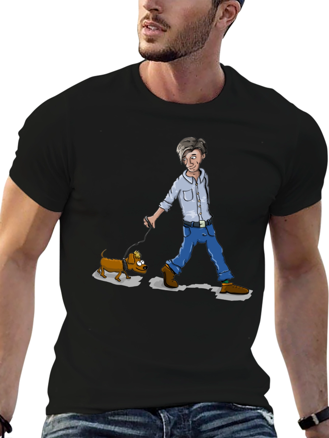 Cartoon Man Walking Dog Graphic T-Shirt
