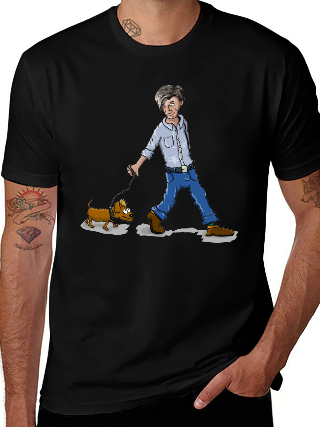 Cartoon Man Walking Dog Graphic T-Shirt