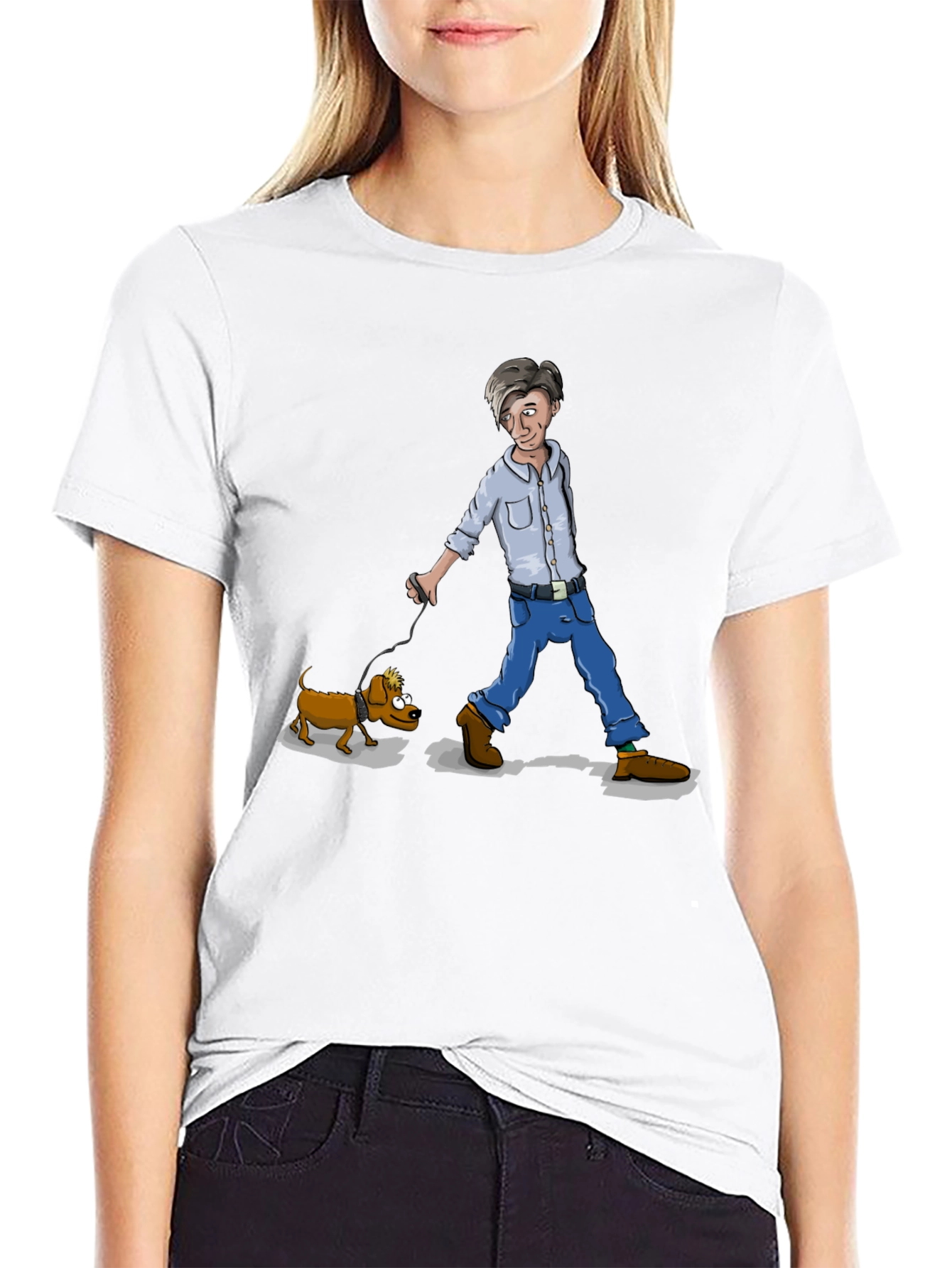 Cartoon Man Walking Dog Graphic T-Shirt