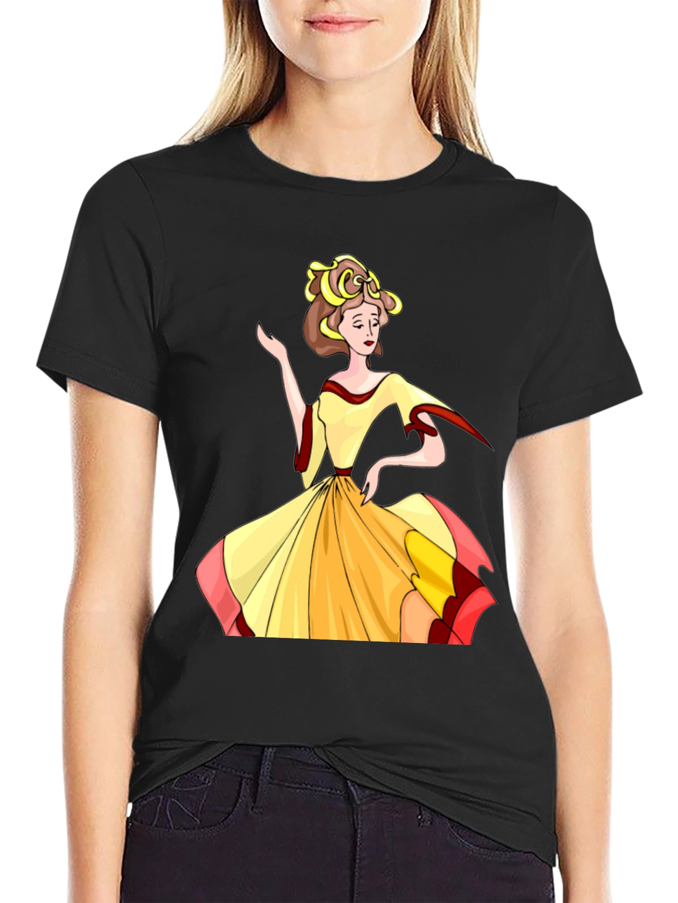Cartoon Lady Print Black T-Shirt