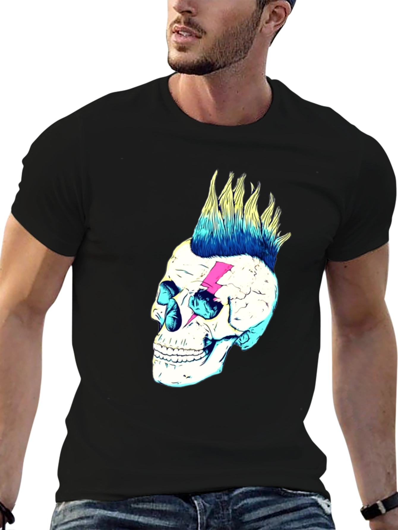 Skull Lightning Bolt Graphic Tee - Black