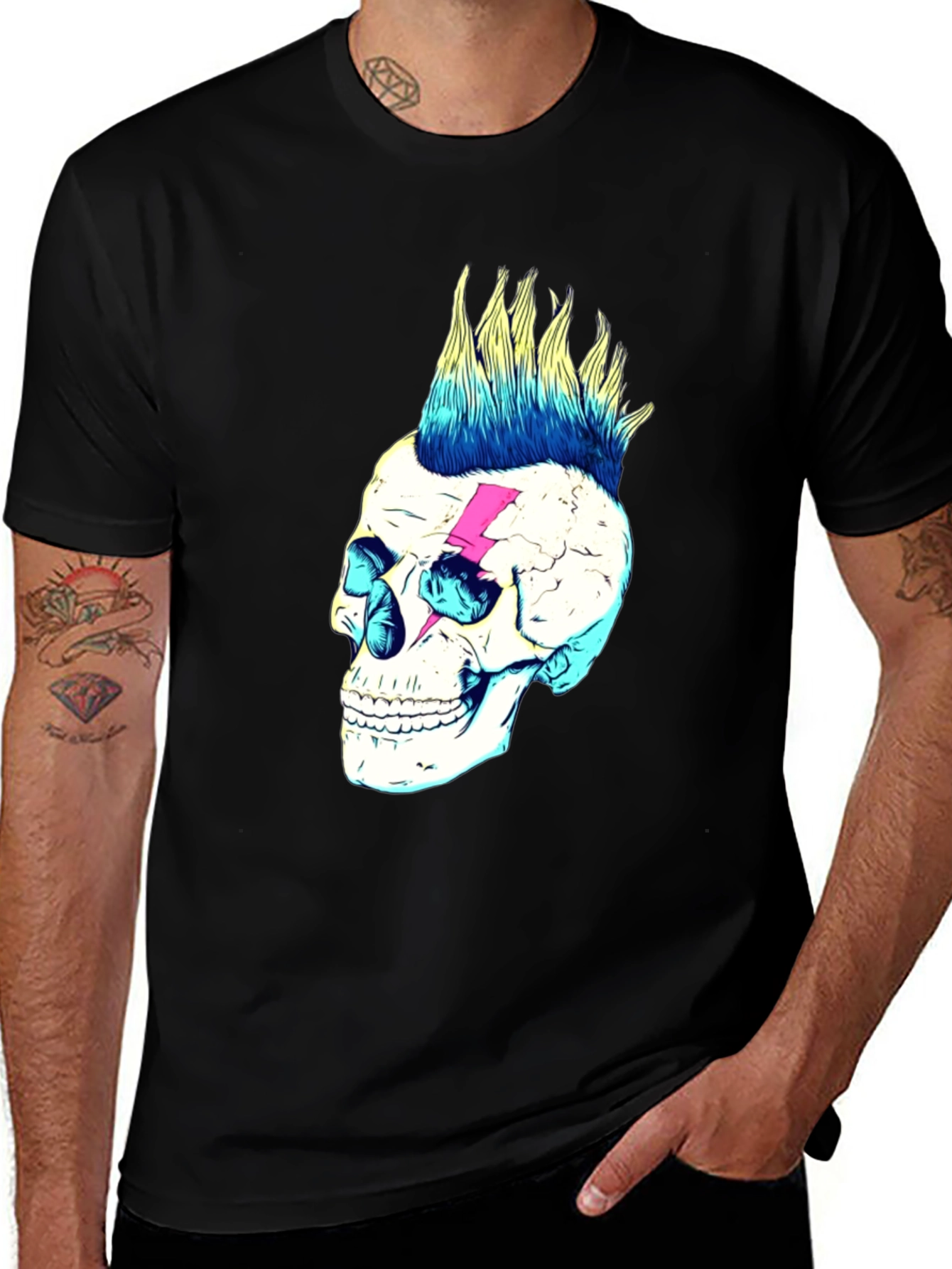 Skull Lightning Bolt Graphic Tee - Black