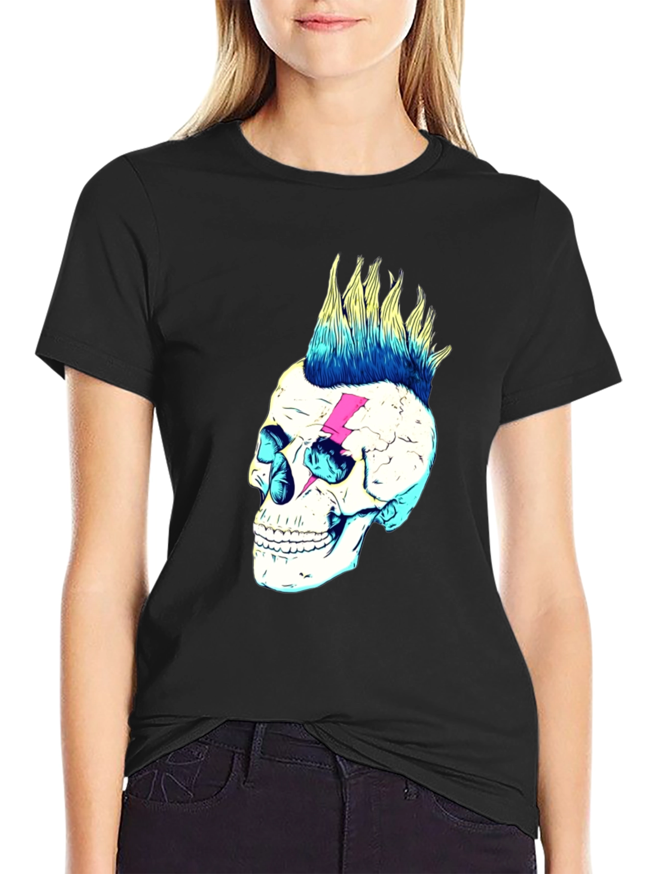 Skull Lightning Bolt Graphic Tee - Black